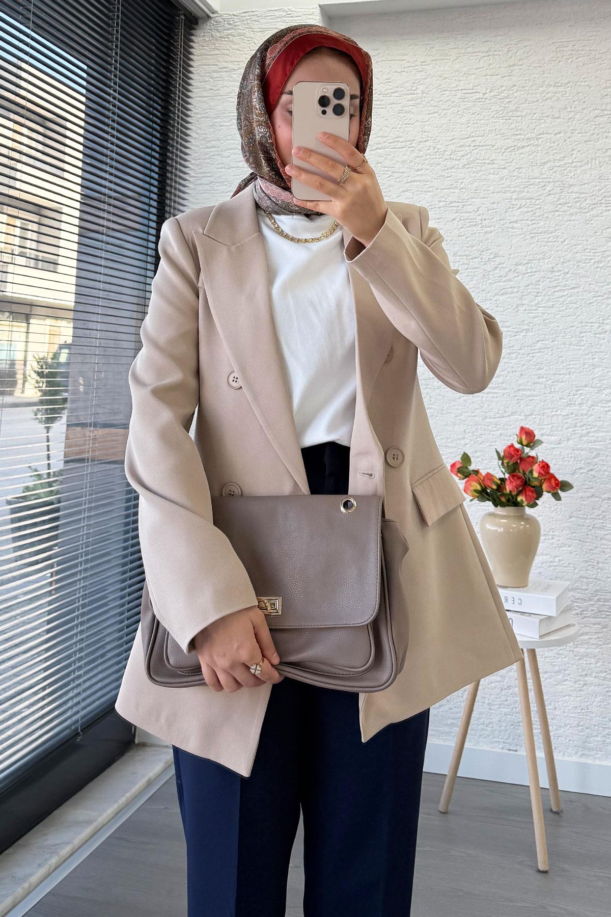 Yan Dikiş Detaylı Slim Fit Kadın Blazer Ceket – Bej
