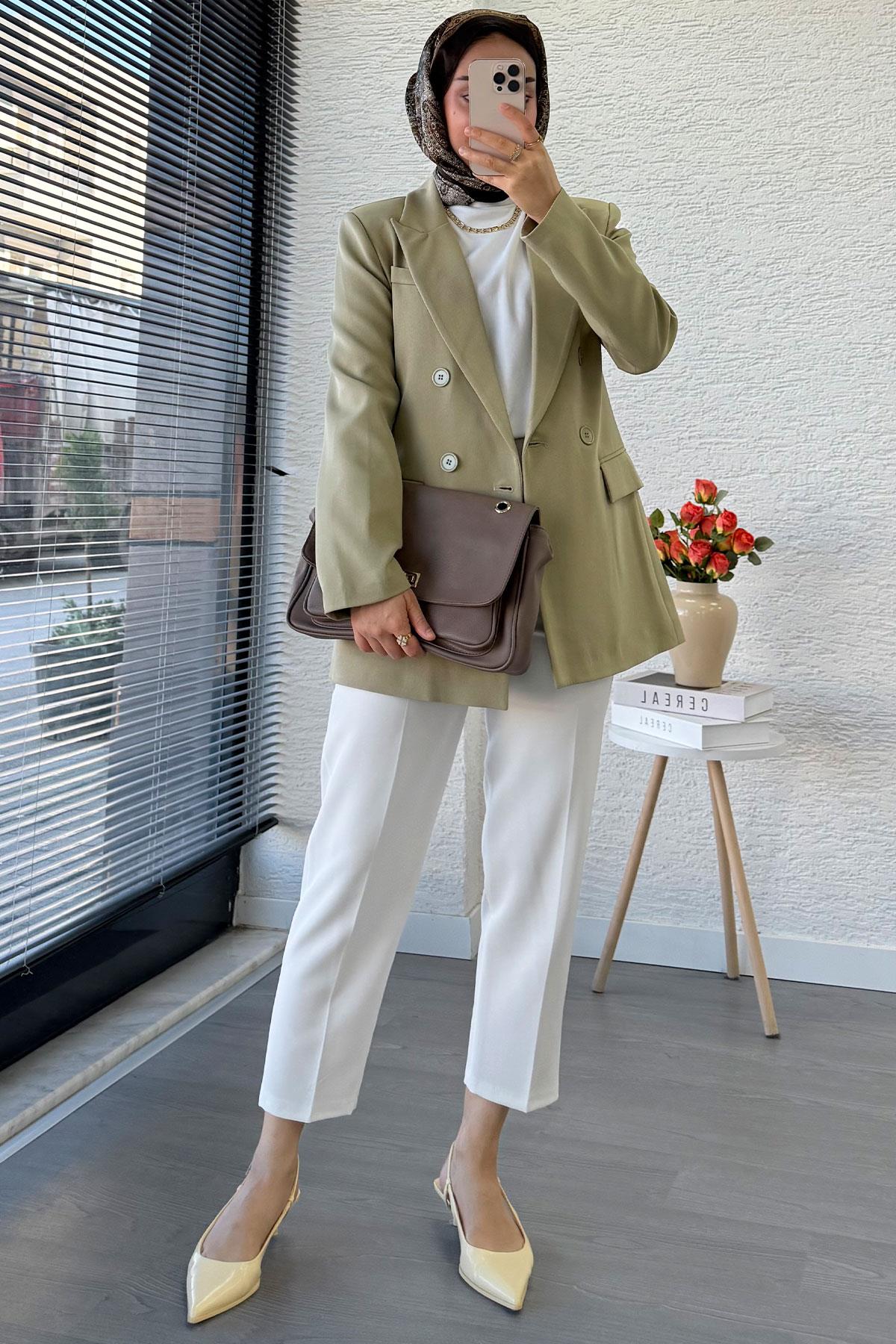 Yan Dikiş Detaylı Slim Fit Kadın Blazer Ceket – Haki