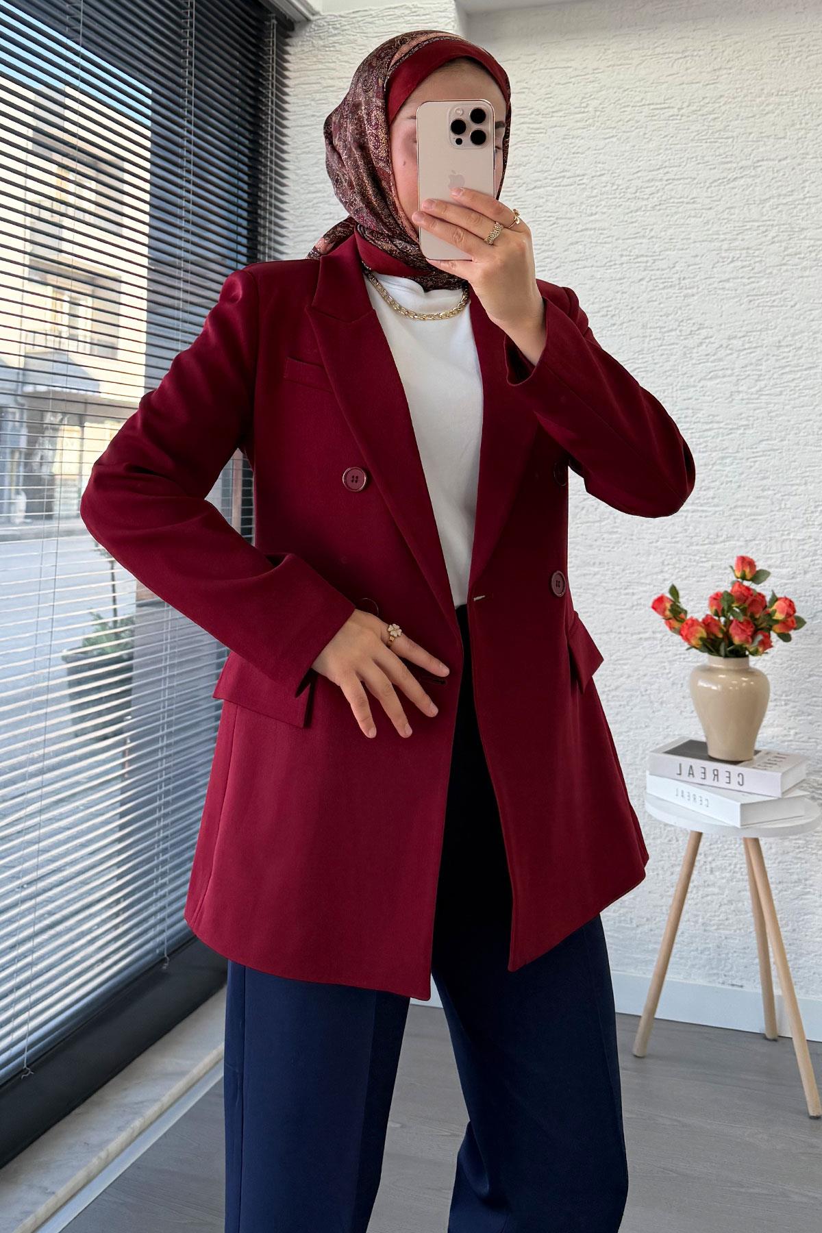 Yan Dikiş Detaylı Slim Fit Kadın Blazer Ceket – Bordo