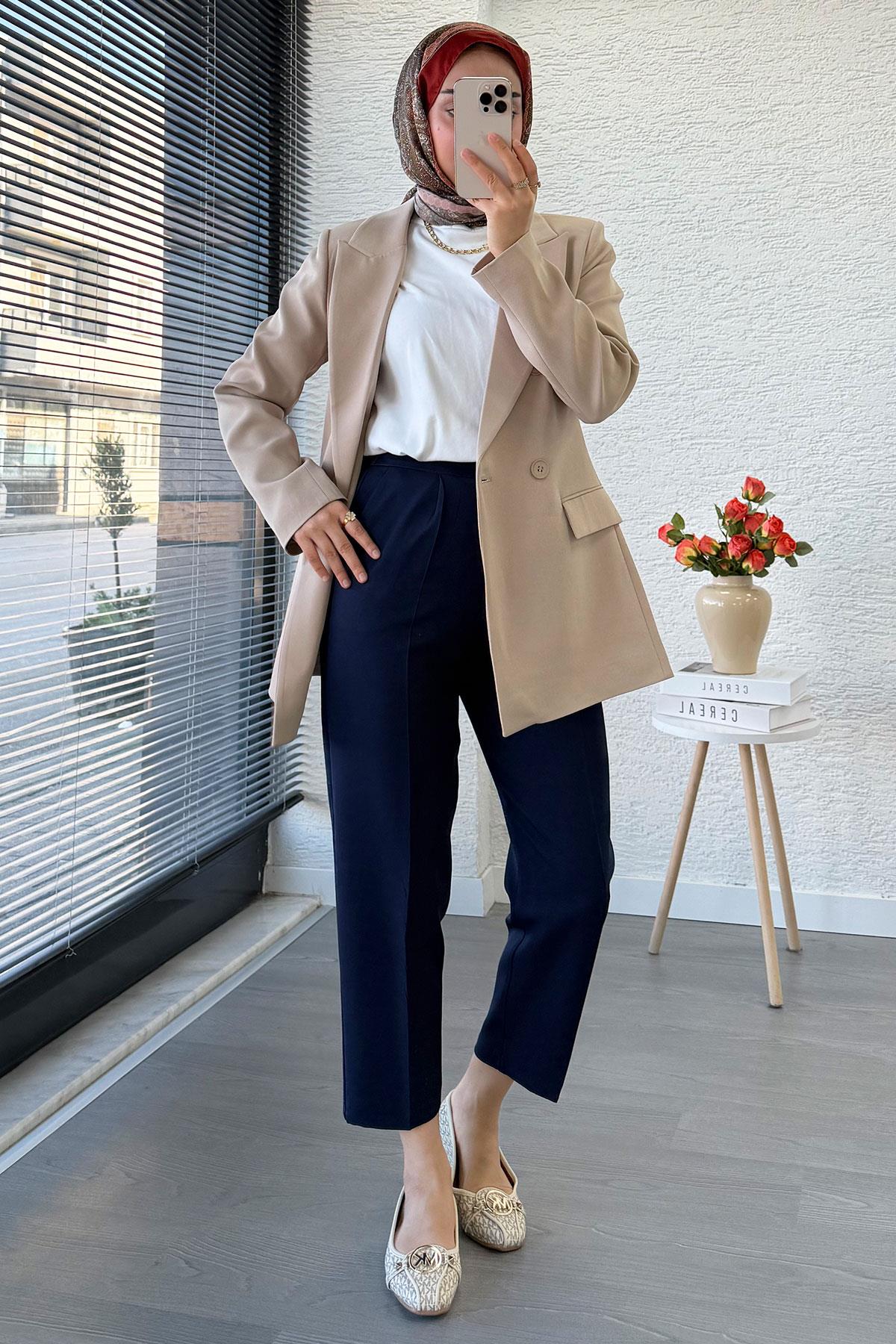 Yan Dikiş Detaylı Slim Fit Kadın Blazer Ceket – Bej