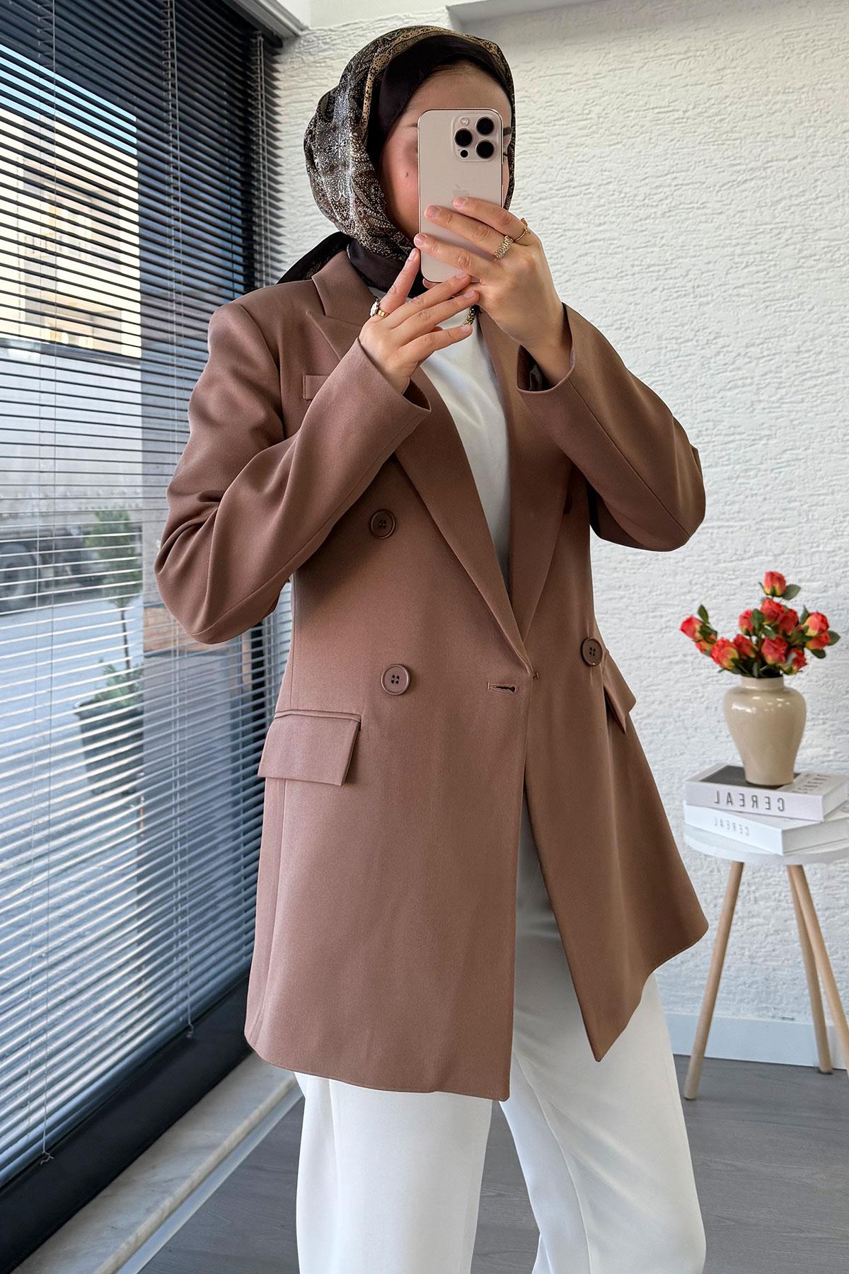 Yan Dikiş Detaylı Slim Fit Kadın Blazer Ceket – Vizon