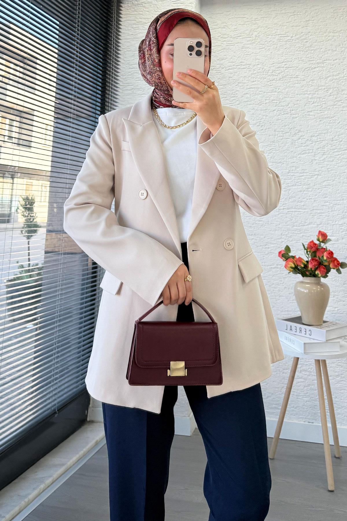 Yan Dikiş Detaylı Slim Fit Kadın Blazer Ceket – Taş