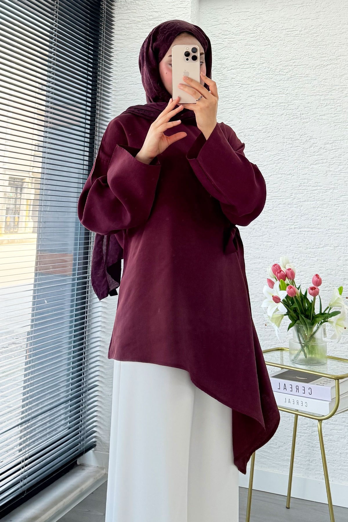 Yandan Bağlamalı Asimetrik Kesim Modal Tunik - Bordo