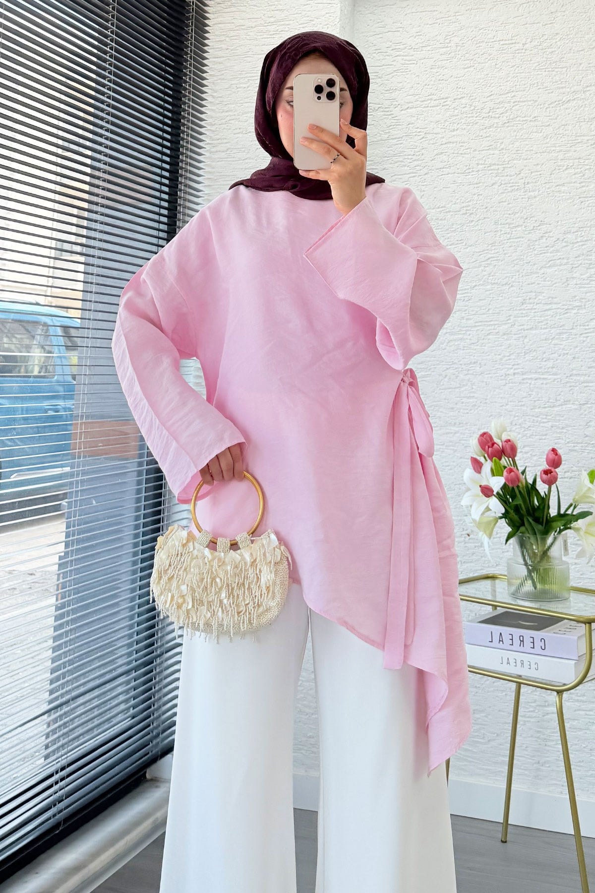Yandan Bağlamalı Asimetrik Kesim Modal Tunik - Pembe