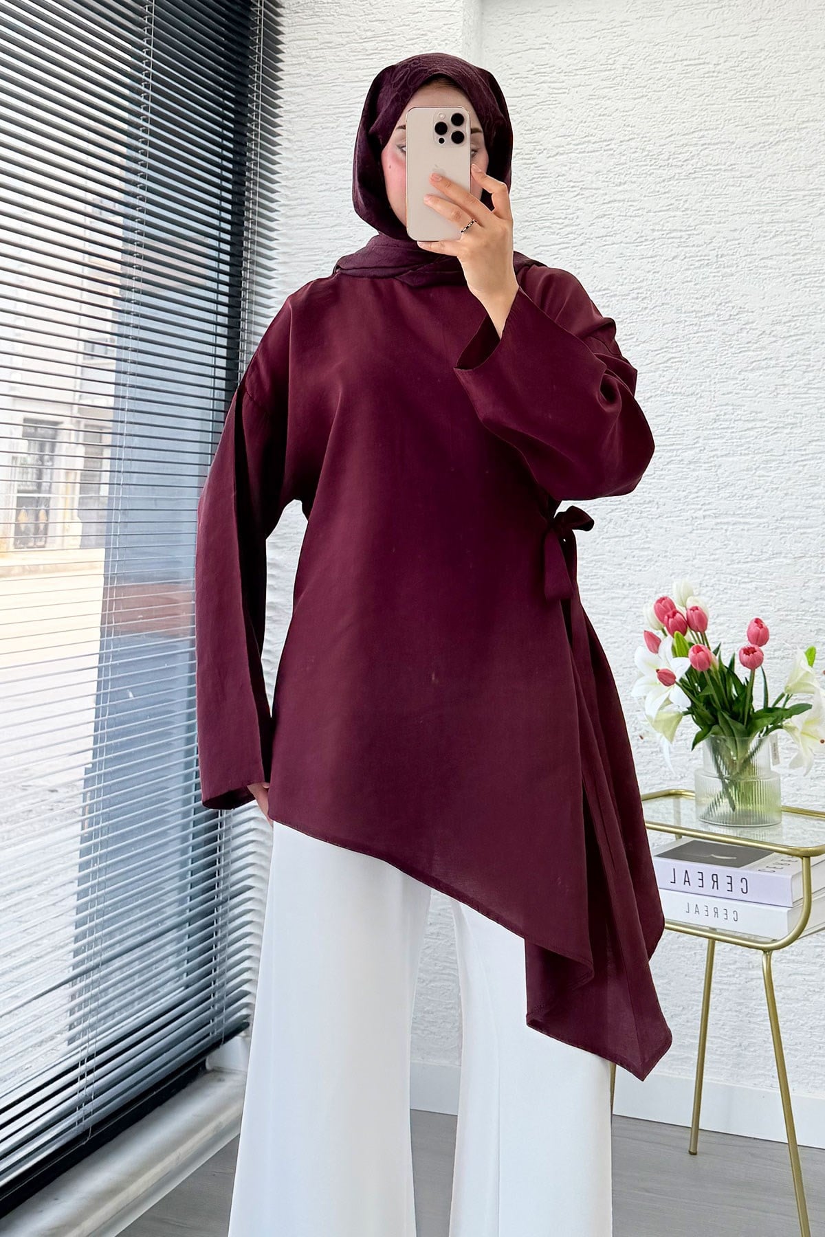 Yandan Bağlamalı Asimetrik Kesim Modal Tunik - Bordo