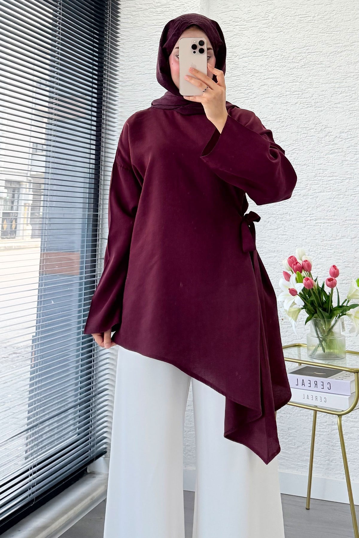 Yandan Bağlamalı Asimetrik Kesim Modal Tunik - Bordo