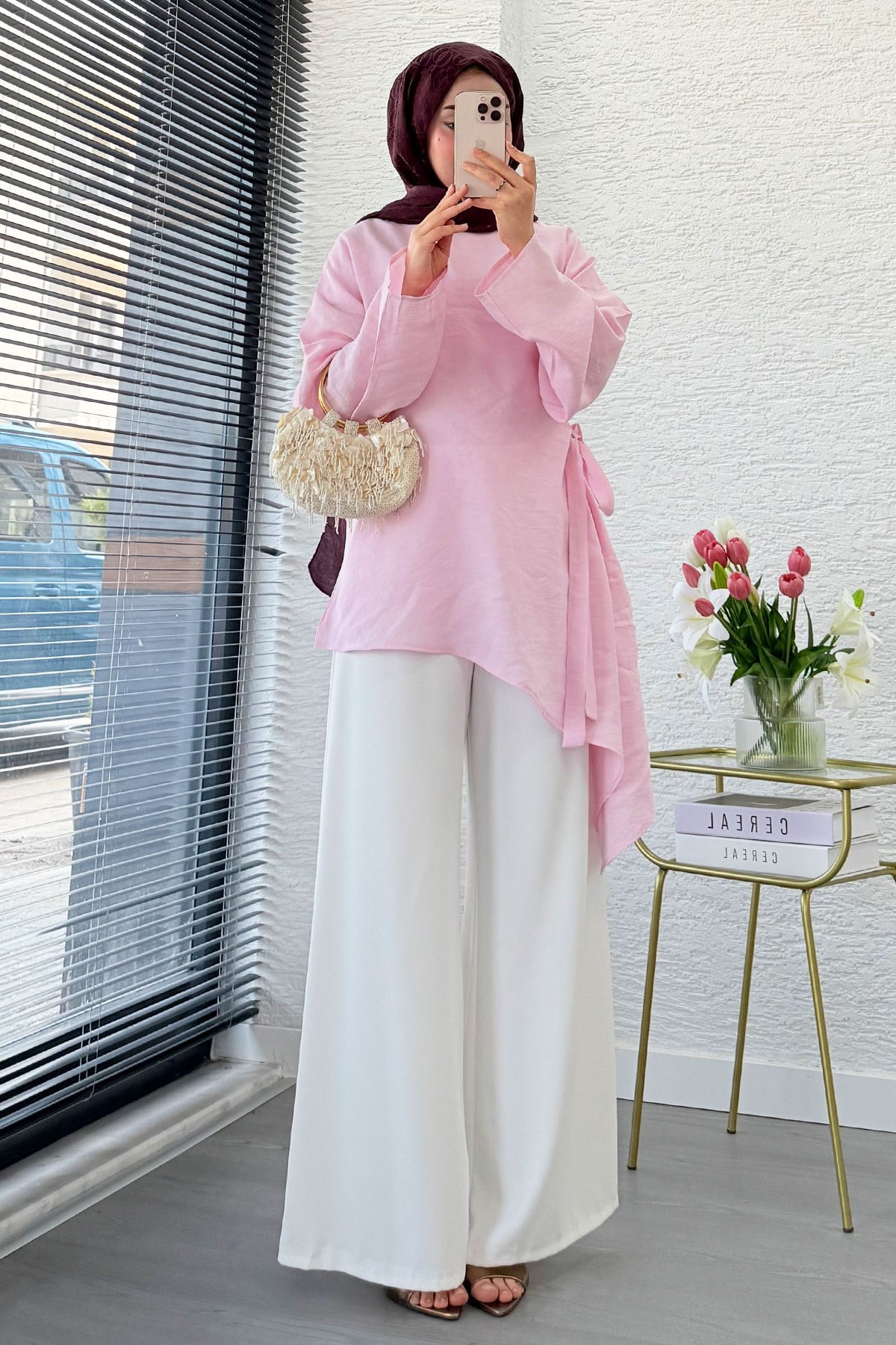 Yandan Bağlamalı Asimetrik Kesim Modal Tunik - Pembe