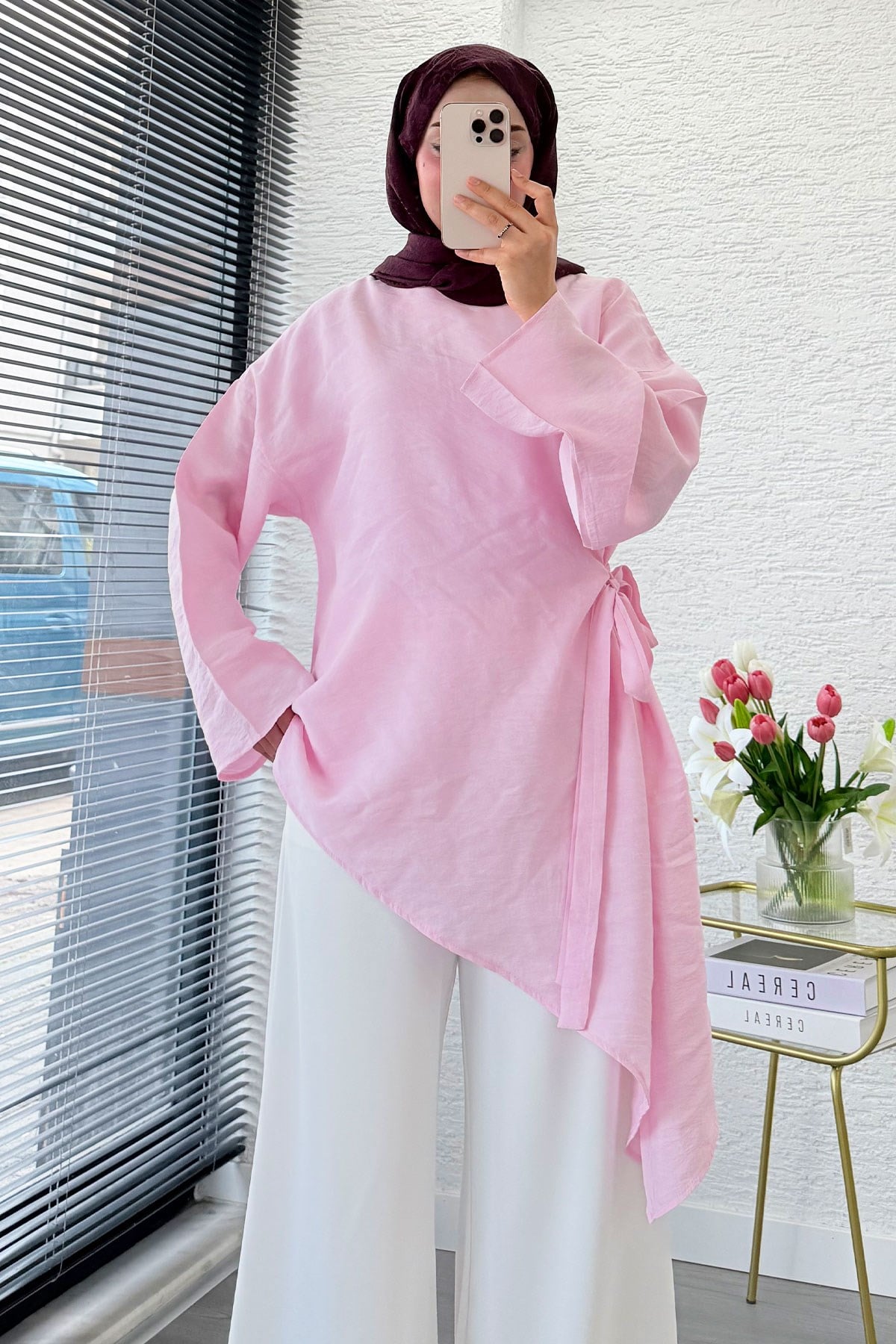 Yandan Bağlamalı Asimetrik Kesim Modal Tunik - Pembe