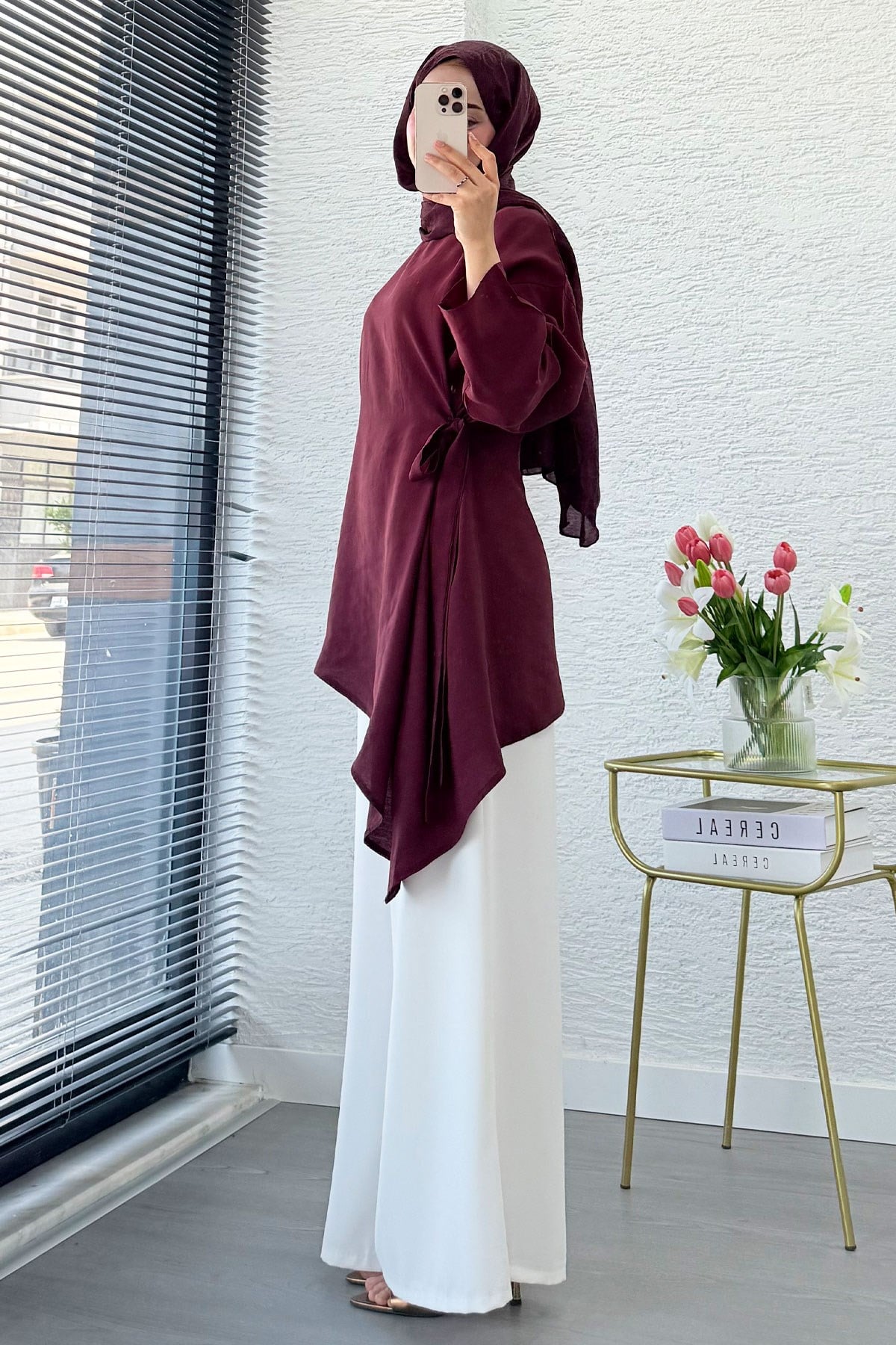Yandan Bağlamalı Asimetrik Kesim Modal Tunik - Bordo