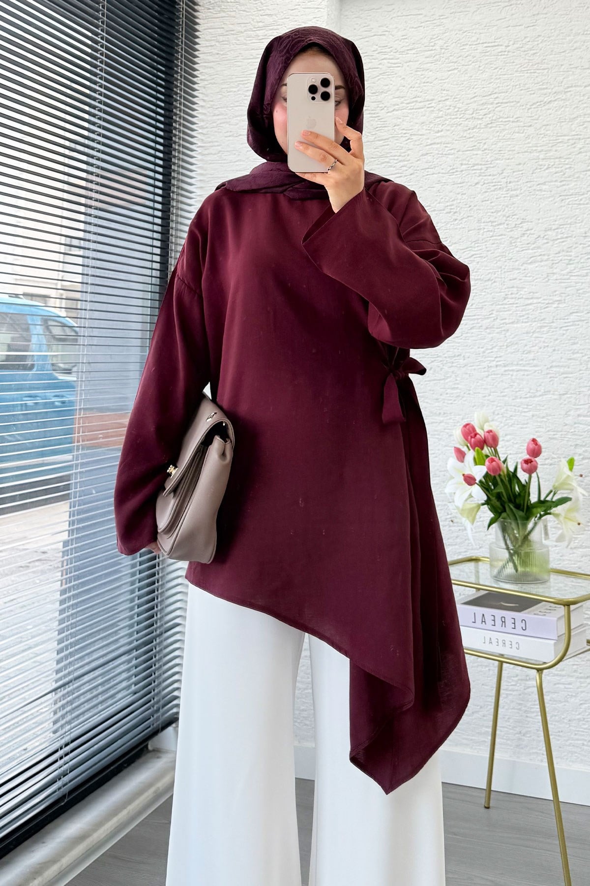 Yandan Bağlamalı Asimetrik Kesim Modal Tunik - Bordo