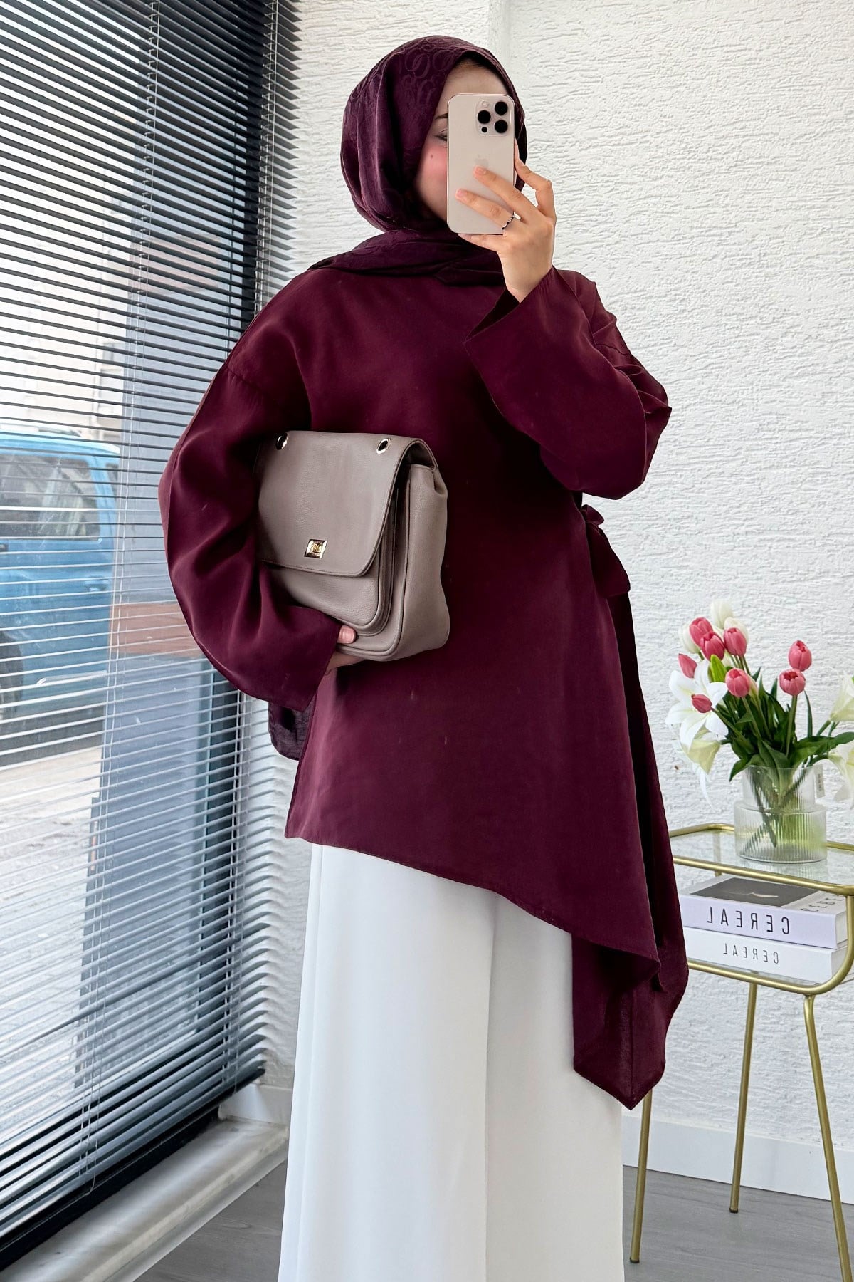 Yandan Bağlamalı Asimetrik Kesim Modal Tunik - Bordo