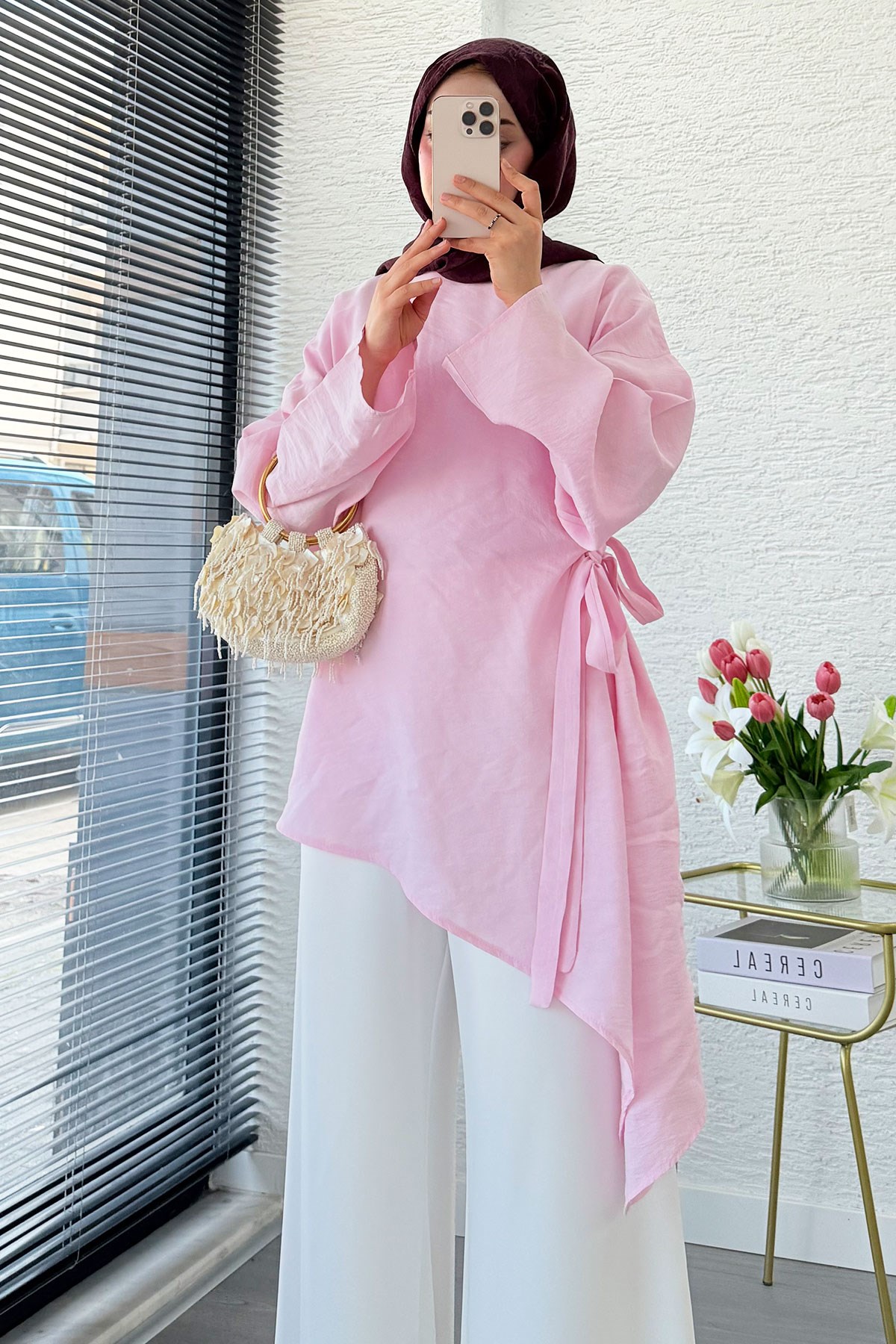 Yandan Bağlamalı Asimetrik Kesim Modal Tunik - Pembe