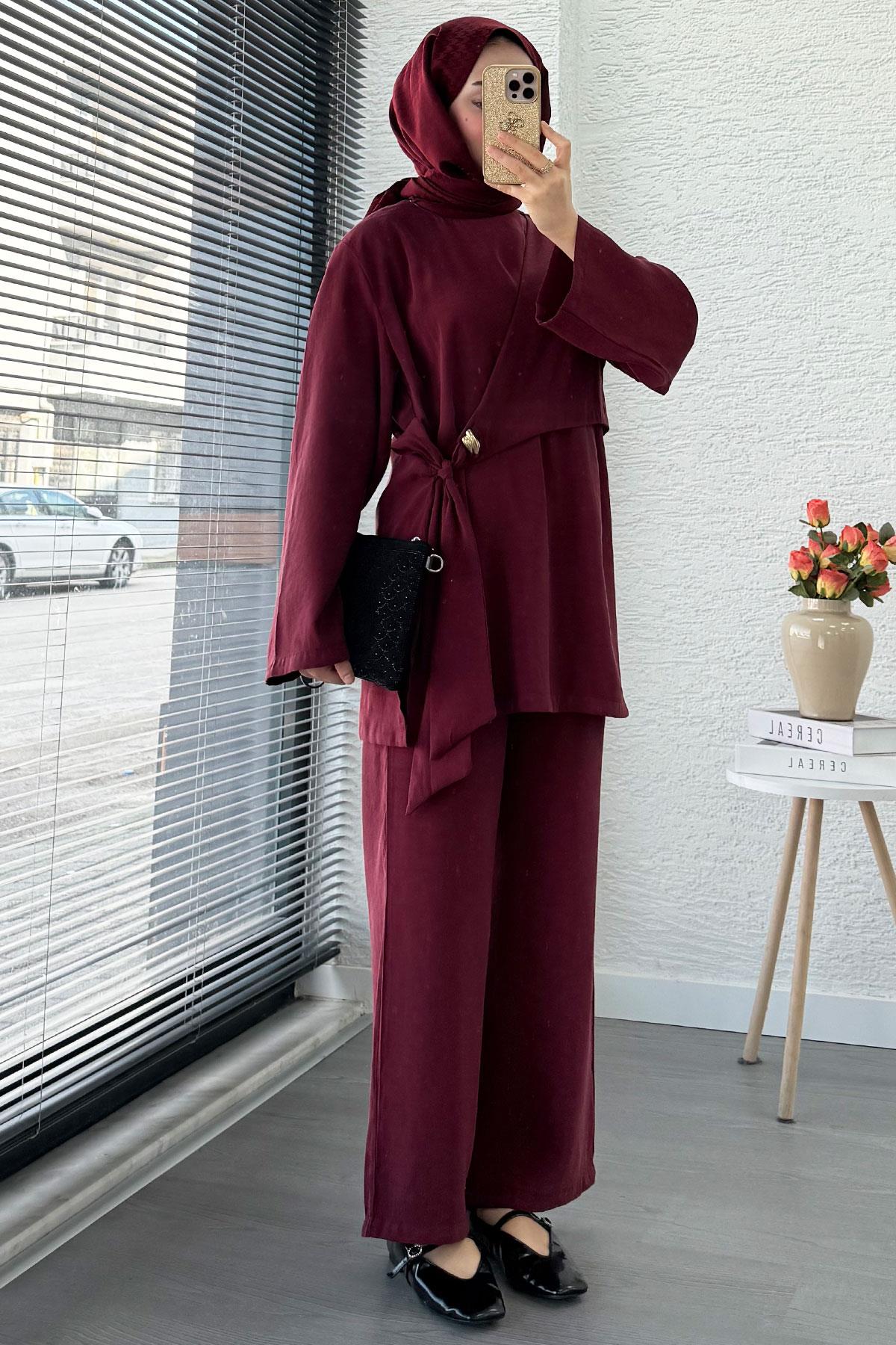 Yandan Bağlamalı Broş Detaylı Kadın İkili Takım — Bordo
