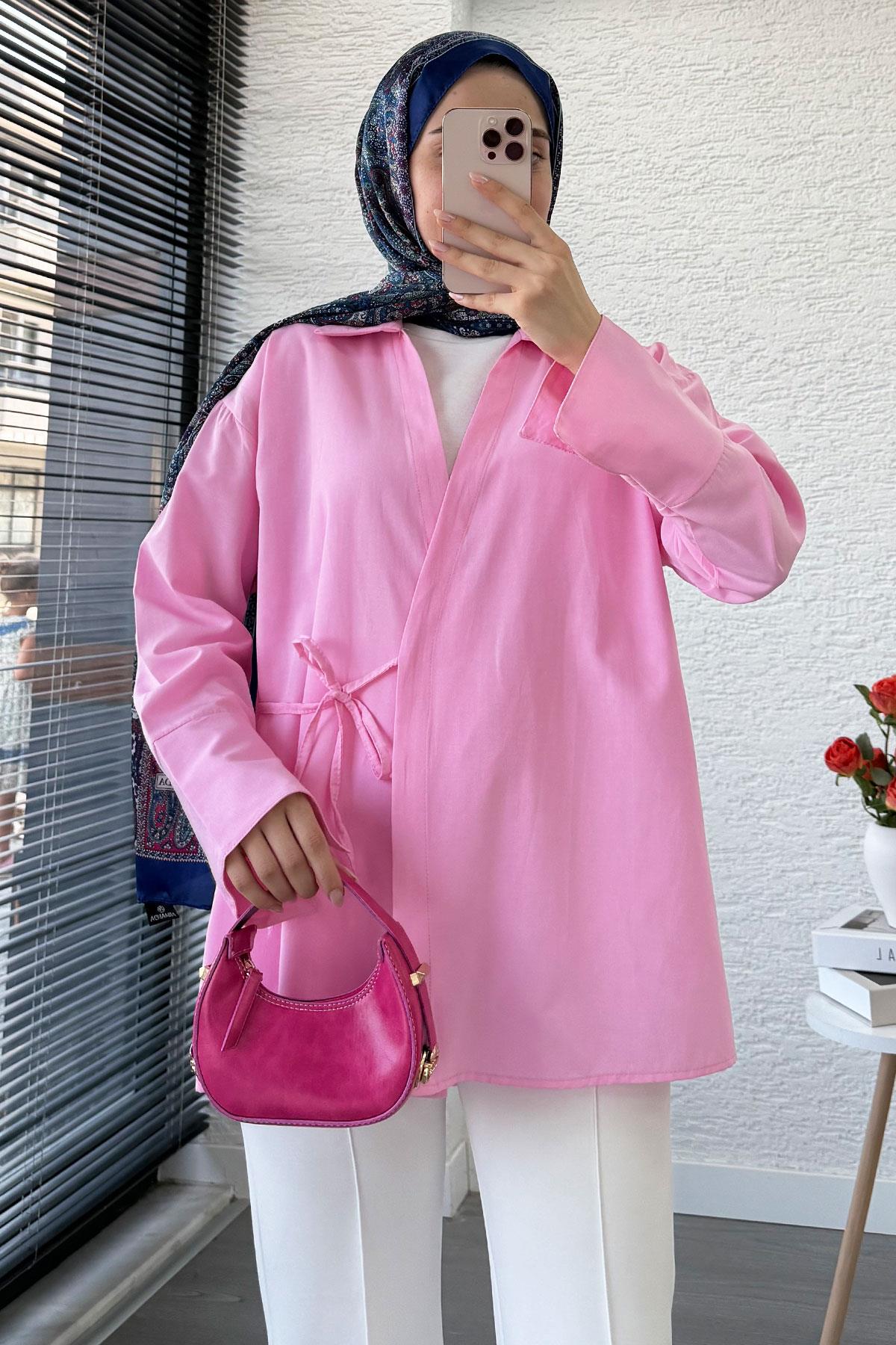 Yandan Bağlamalı Gömlek Yaka Poplin Kimono -Pembe