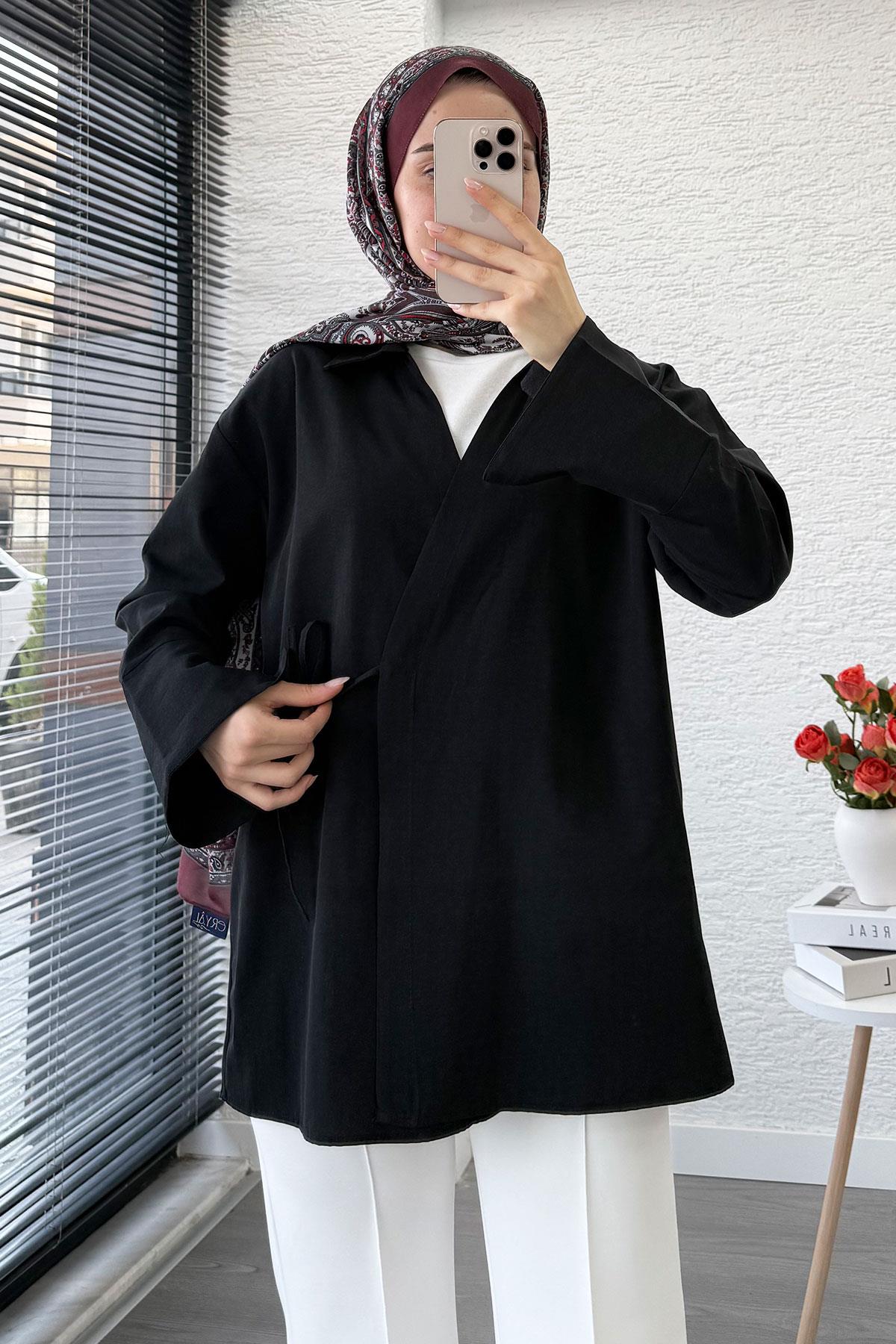 Yandan Bağlamalı Gömlek Yaka Poplin Kimono -Siyah