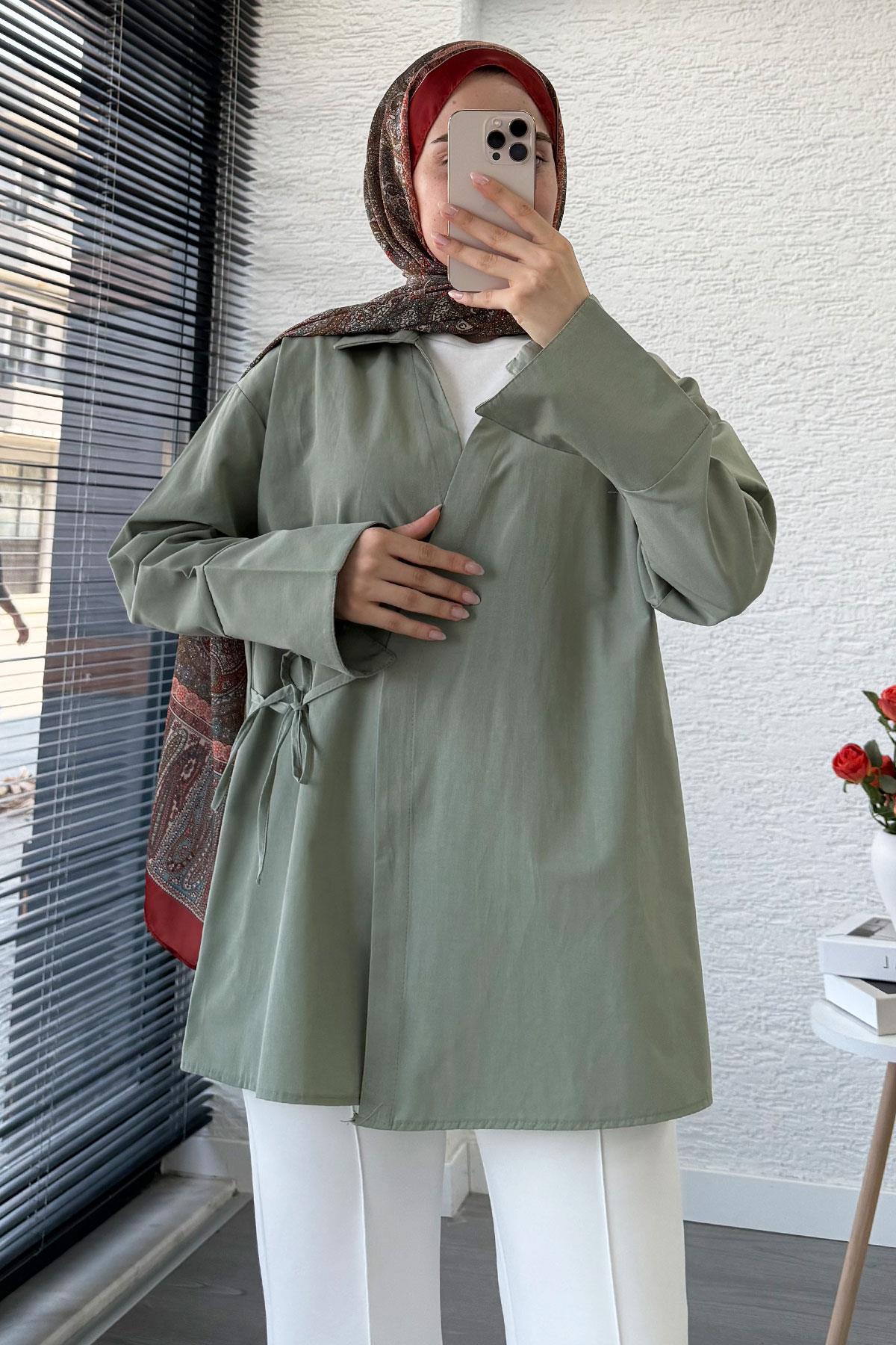 Yandan Bağlamalı Gömlek Yaka Poplin Kimono -Yeşil