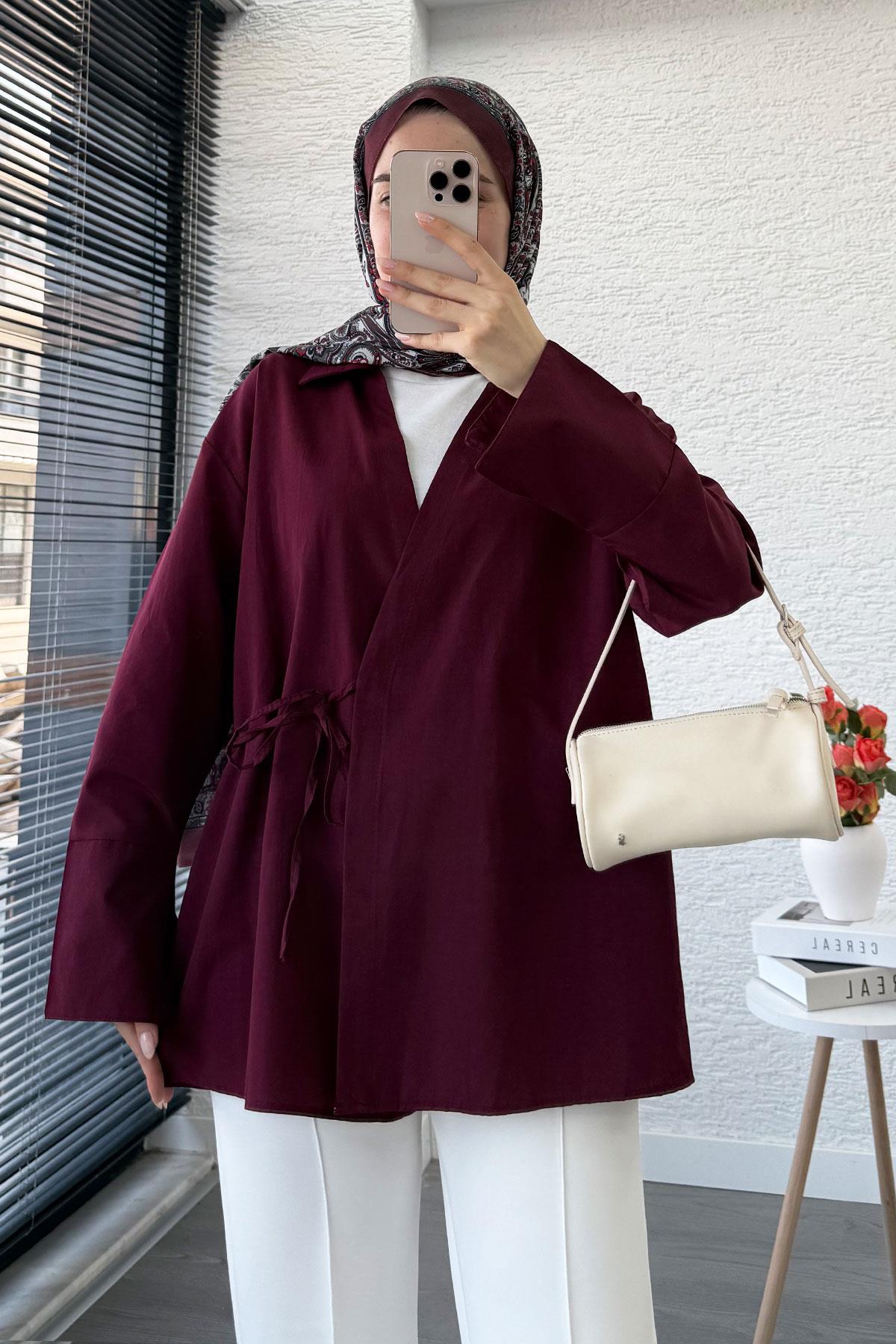 Yandan Bağlamalı Gömlek Yaka Poplin Kimono -Bordo