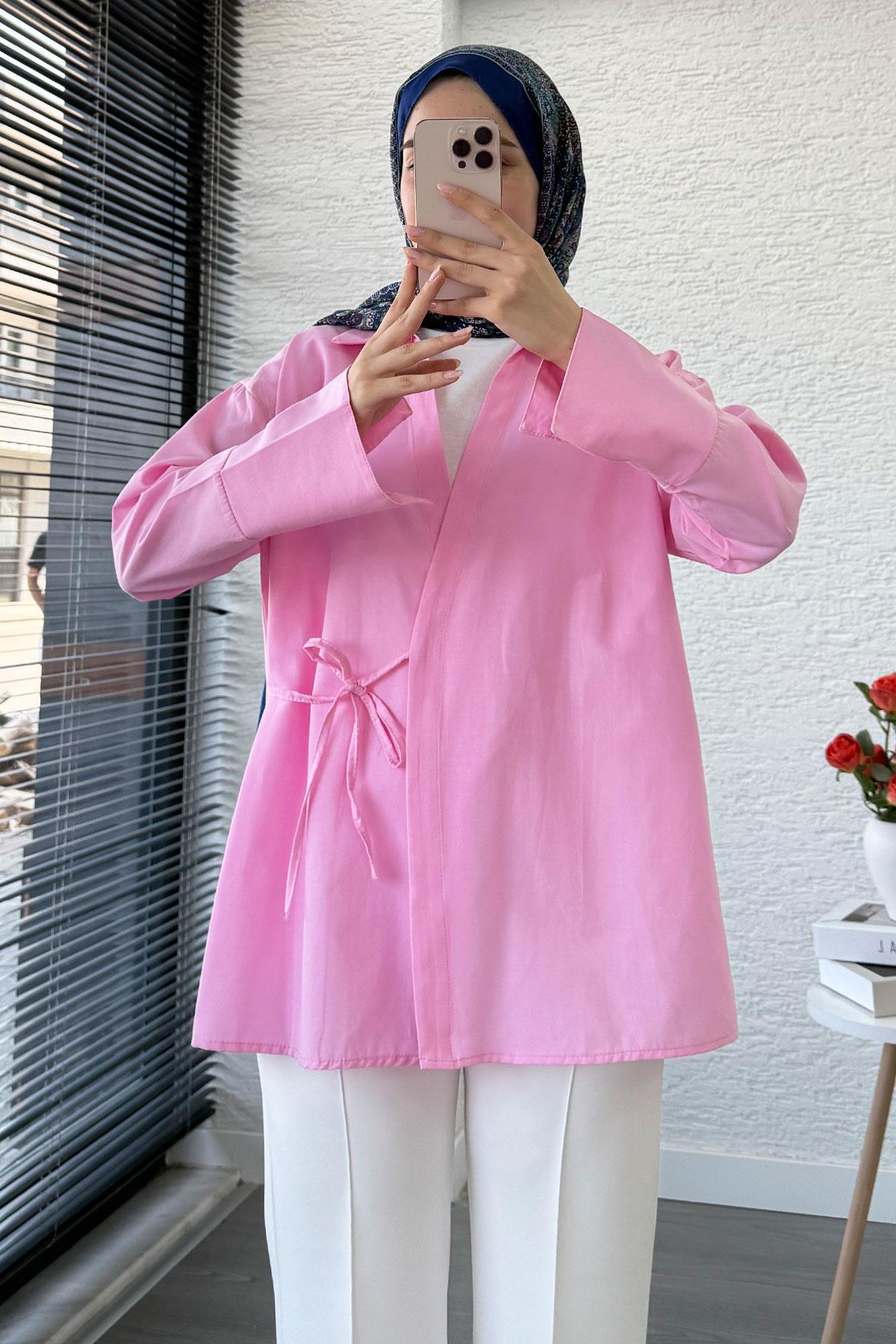 Yandan Bağlamalı Gömlek Yaka Poplin Kimono -Pembe