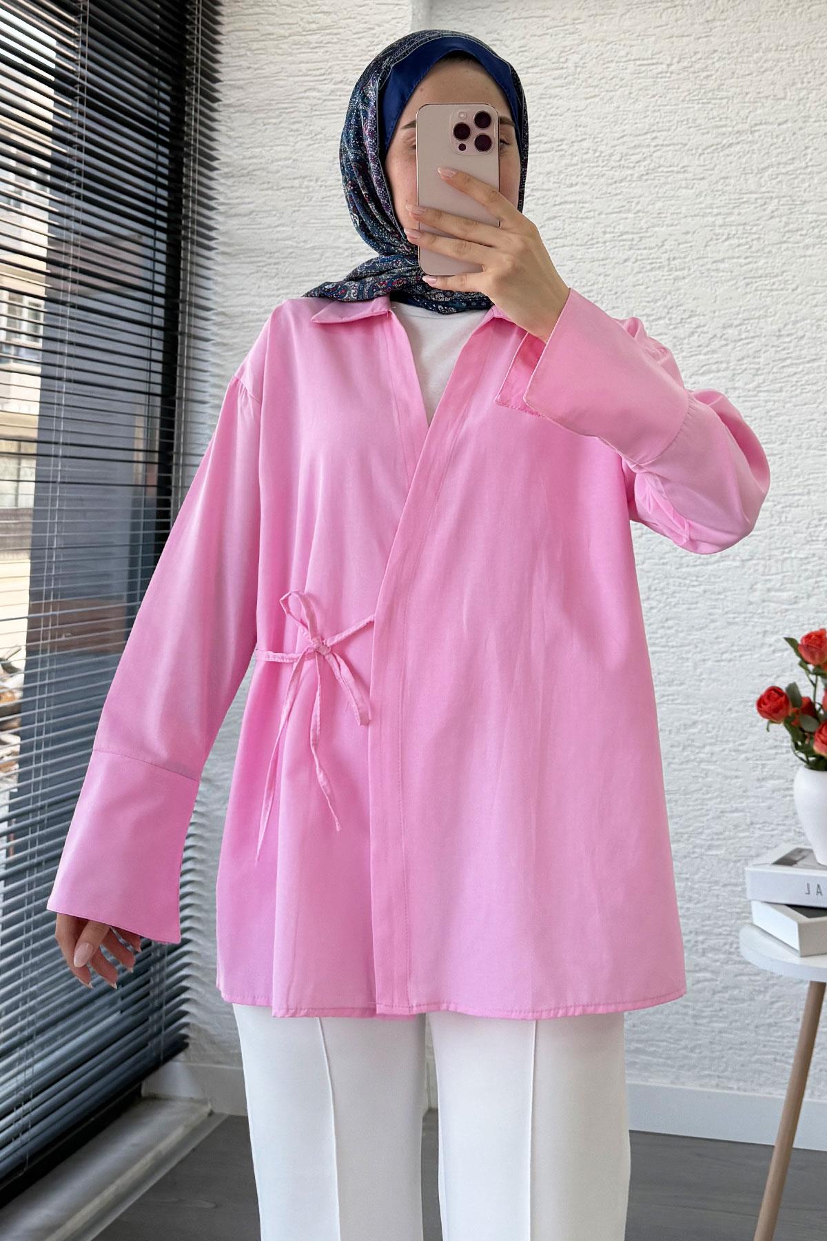 Yandan Bağlamalı Gömlek Yaka Poplin Kimono -Pembe