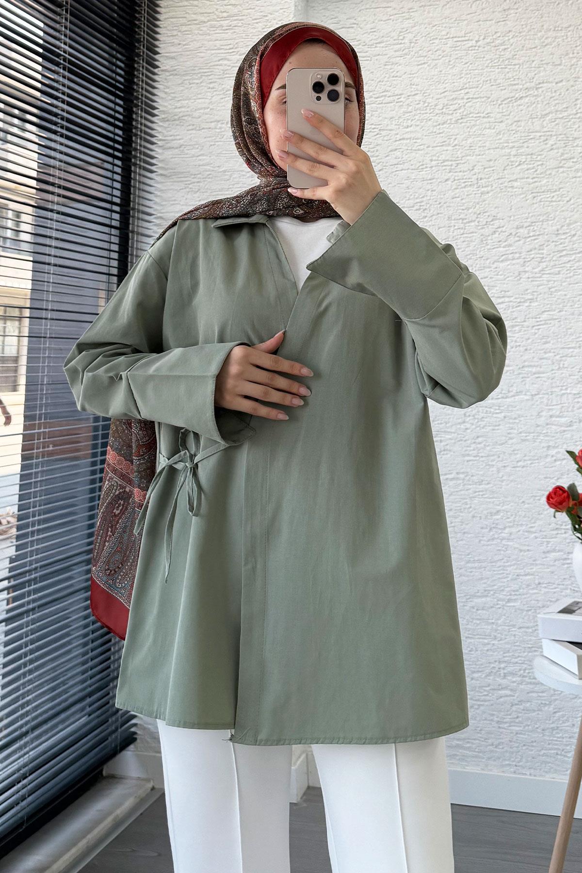 Yandan Bağlamalı Gömlek Yaka Poplin Kimono -Yeşil