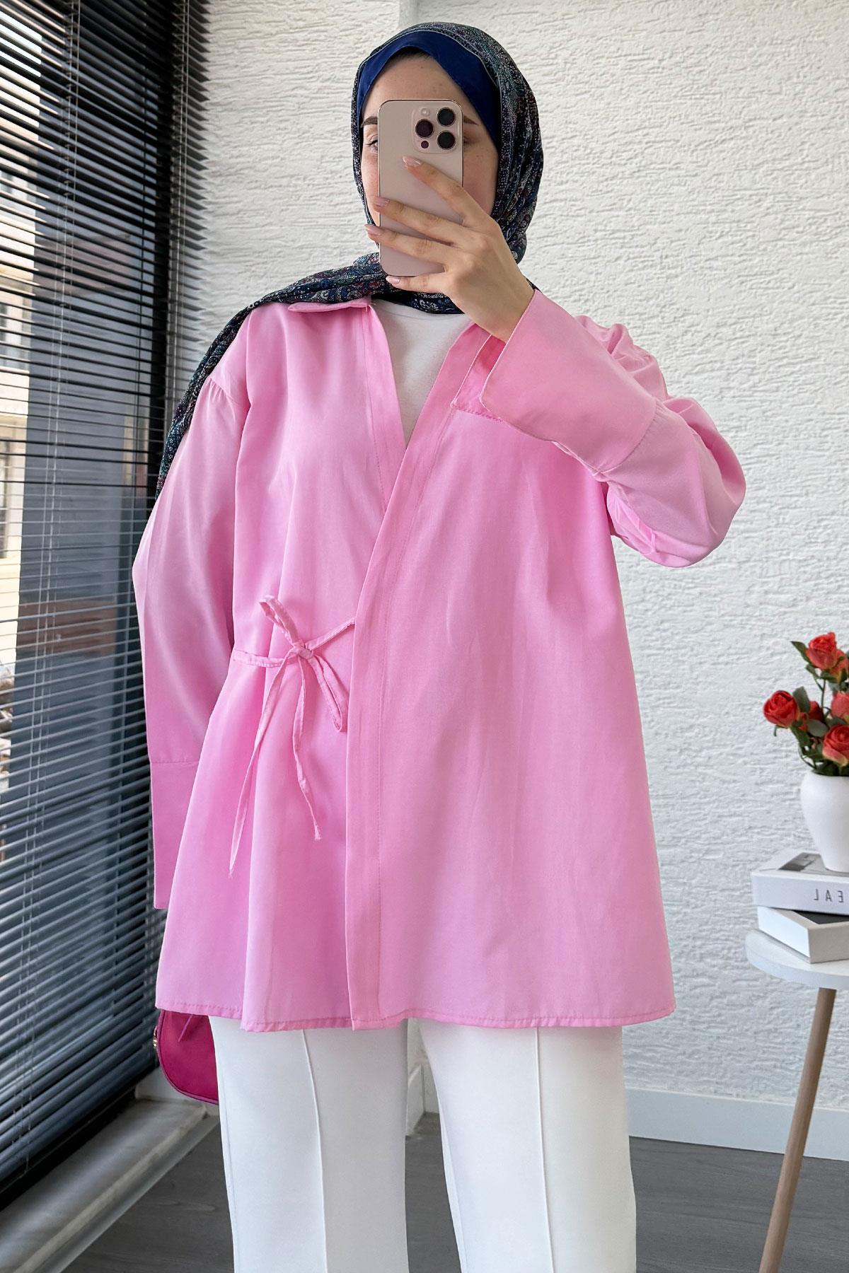 Yandan Bağlamalı Gömlek Yaka Poplin Kimono -Pembe