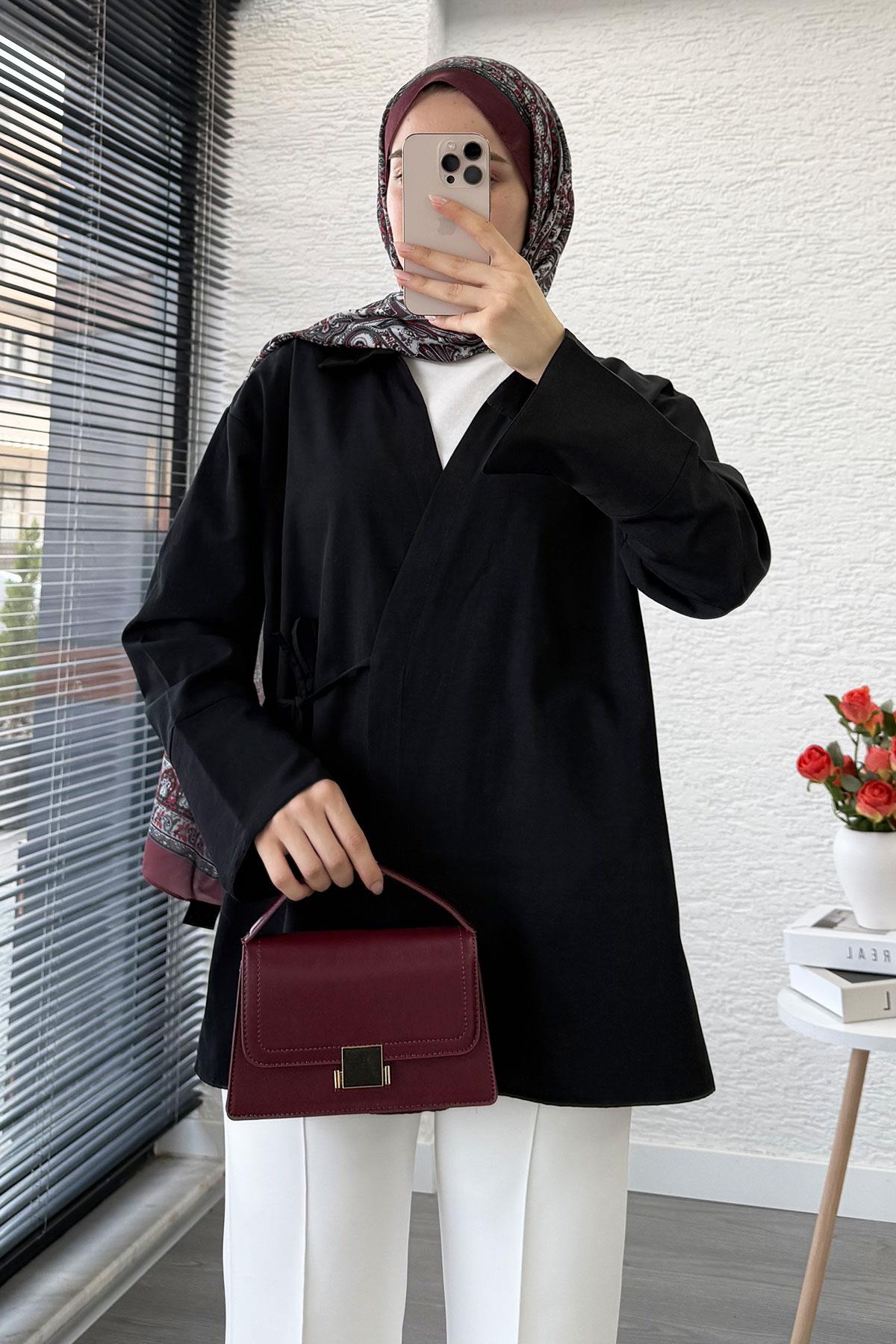 Yandan Bağlamalı Gömlek Yaka Poplin Kimono -Siyah