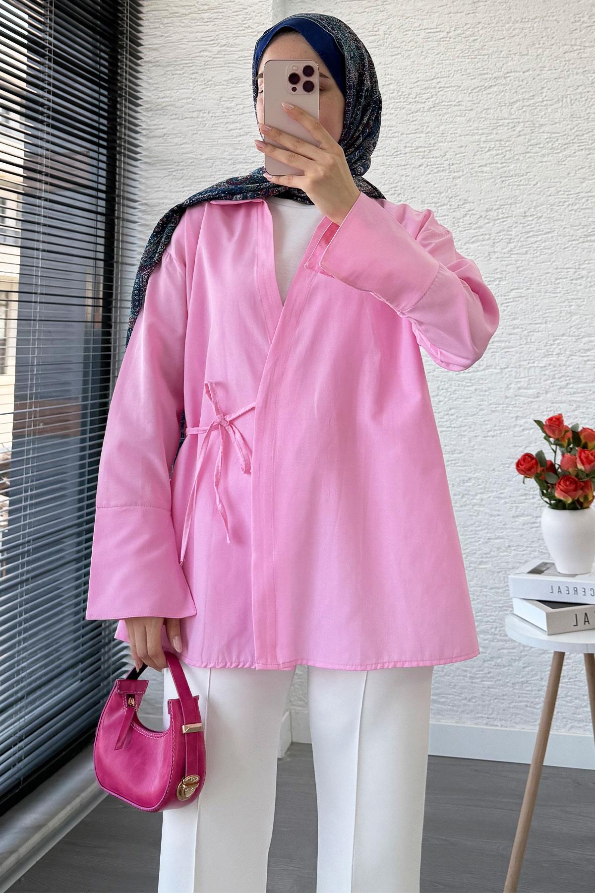 Yandan Bağlamalı Gömlek Yaka Poplin Kimono -Pembe