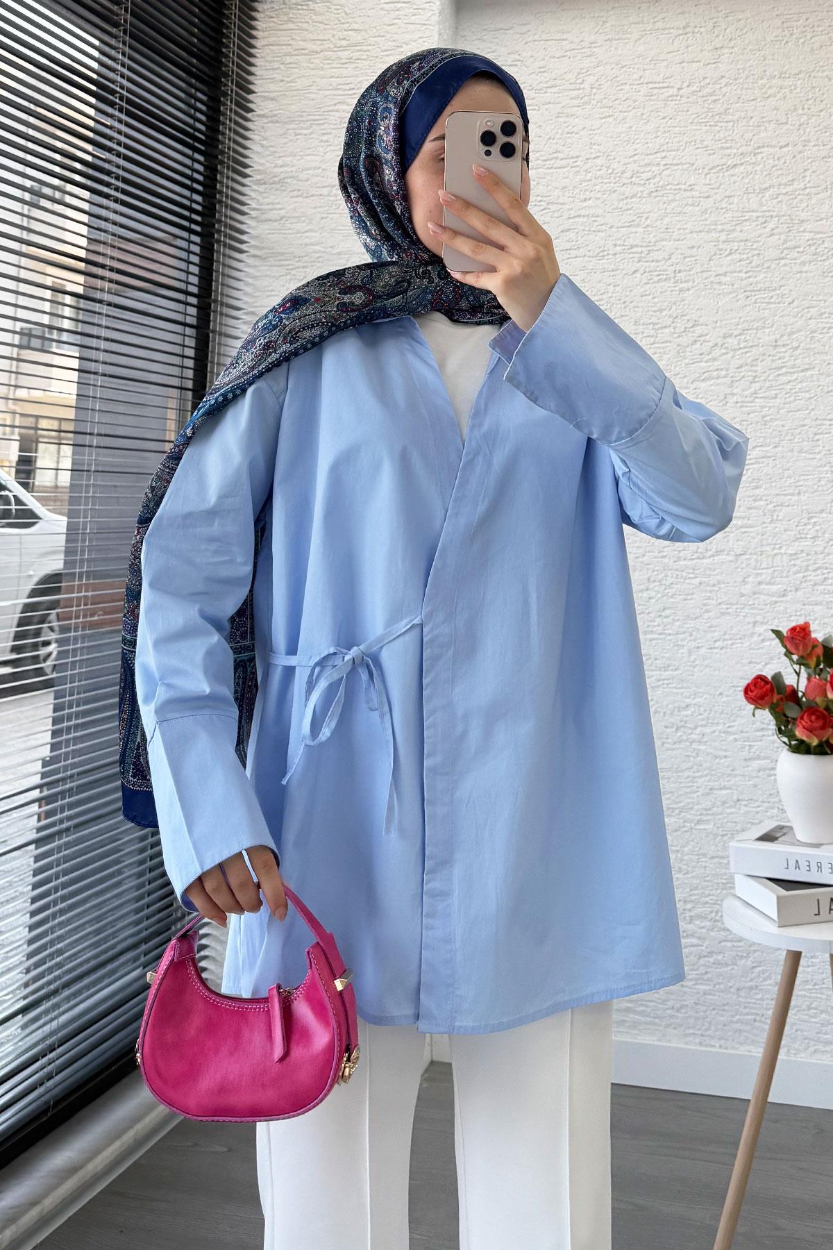 Yandan Bağlamalı Gömlek Yaka Poplin Kimono -Mavi