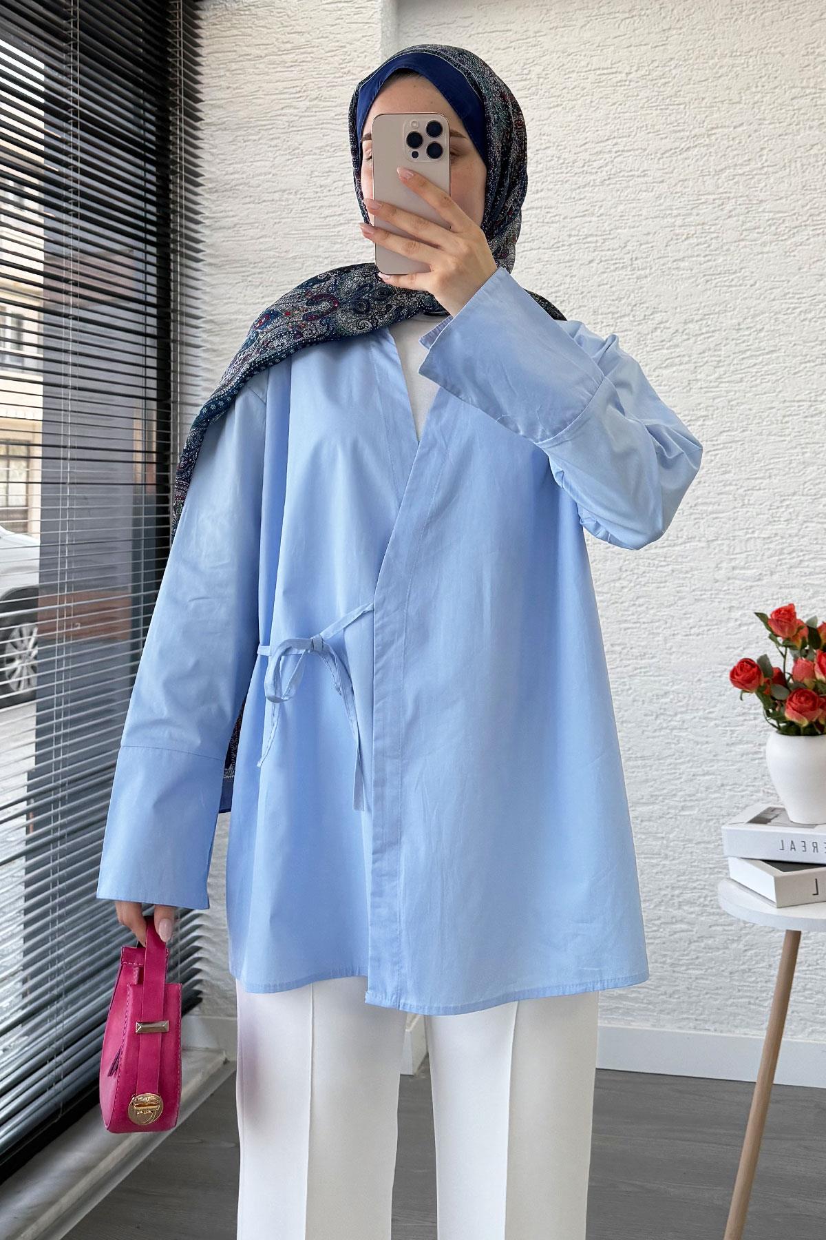 Yandan Bağlamalı Gömlek Yaka Poplin Kimono -Mavi
