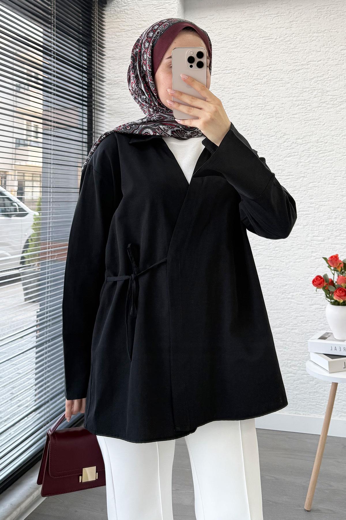 Yandan Bağlamalı Gömlek Yaka Poplin Kimono -Siyah
