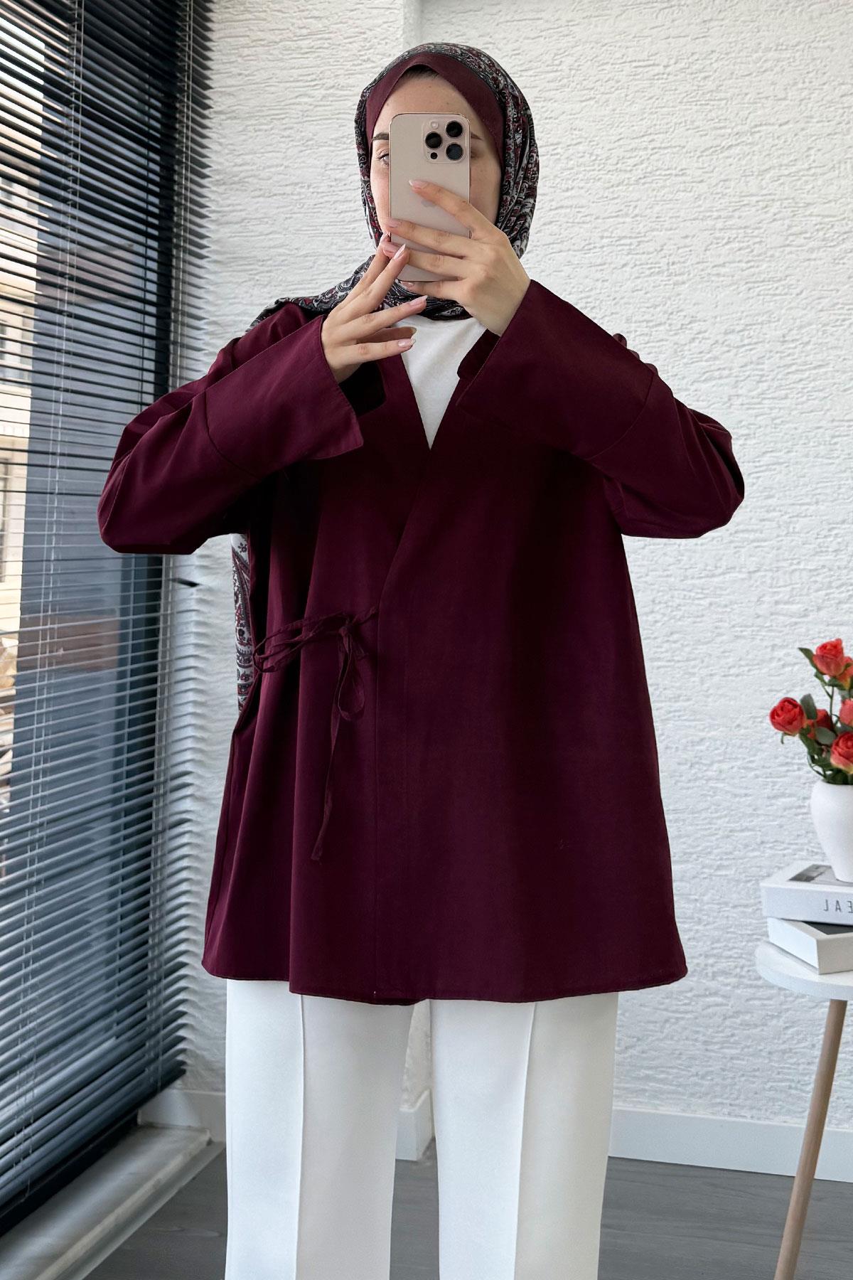 Yandan Bağlamalı Gömlek Yaka Poplin Kimono -Bordo