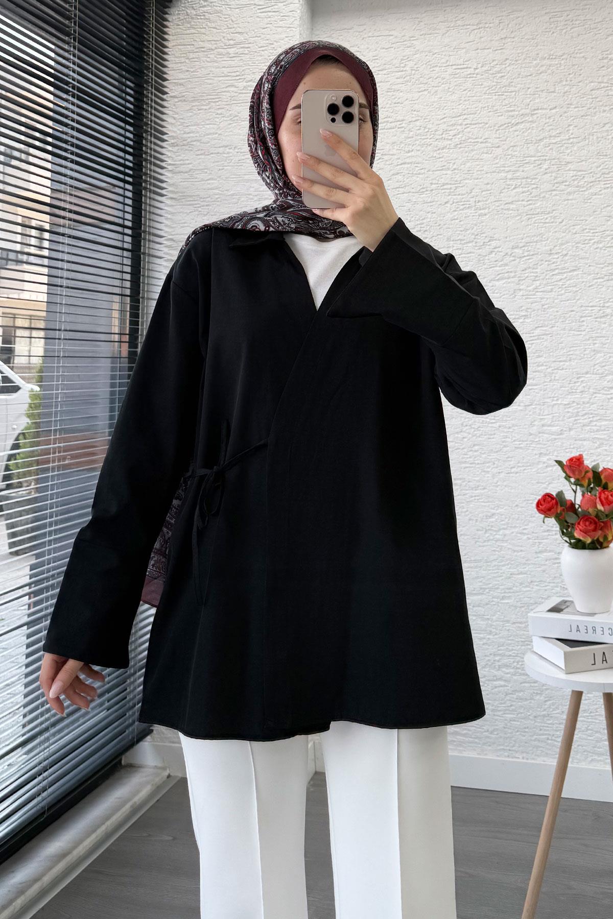 Yandan Bağlamalı Gömlek Yaka Poplin Kimono -Siyah