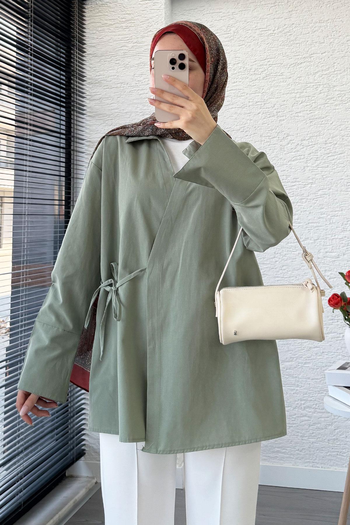 Yandan Bağlamalı Gömlek Yaka Poplin Kimono -Yeşil