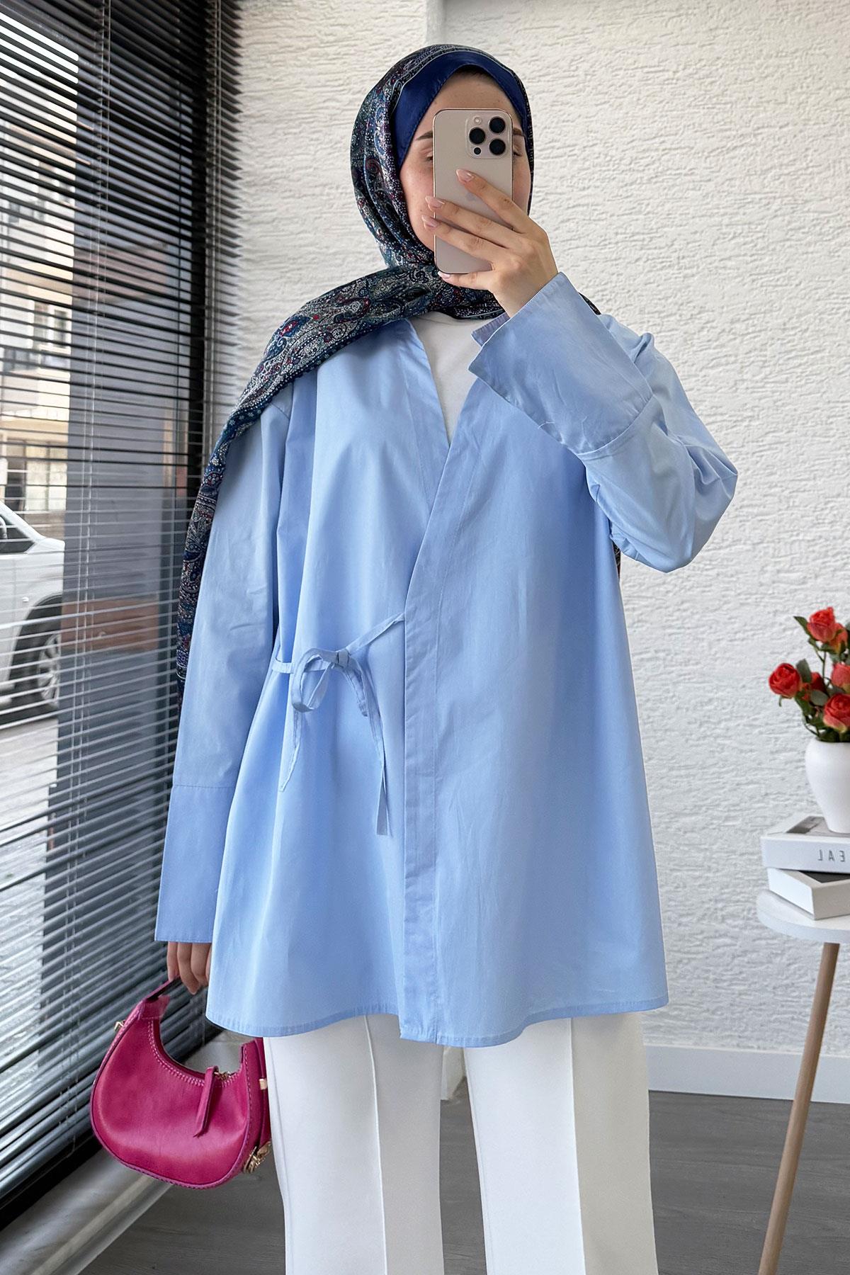 Yandan Bağlamalı Gömlek Yaka Poplin Kimono -Mavi