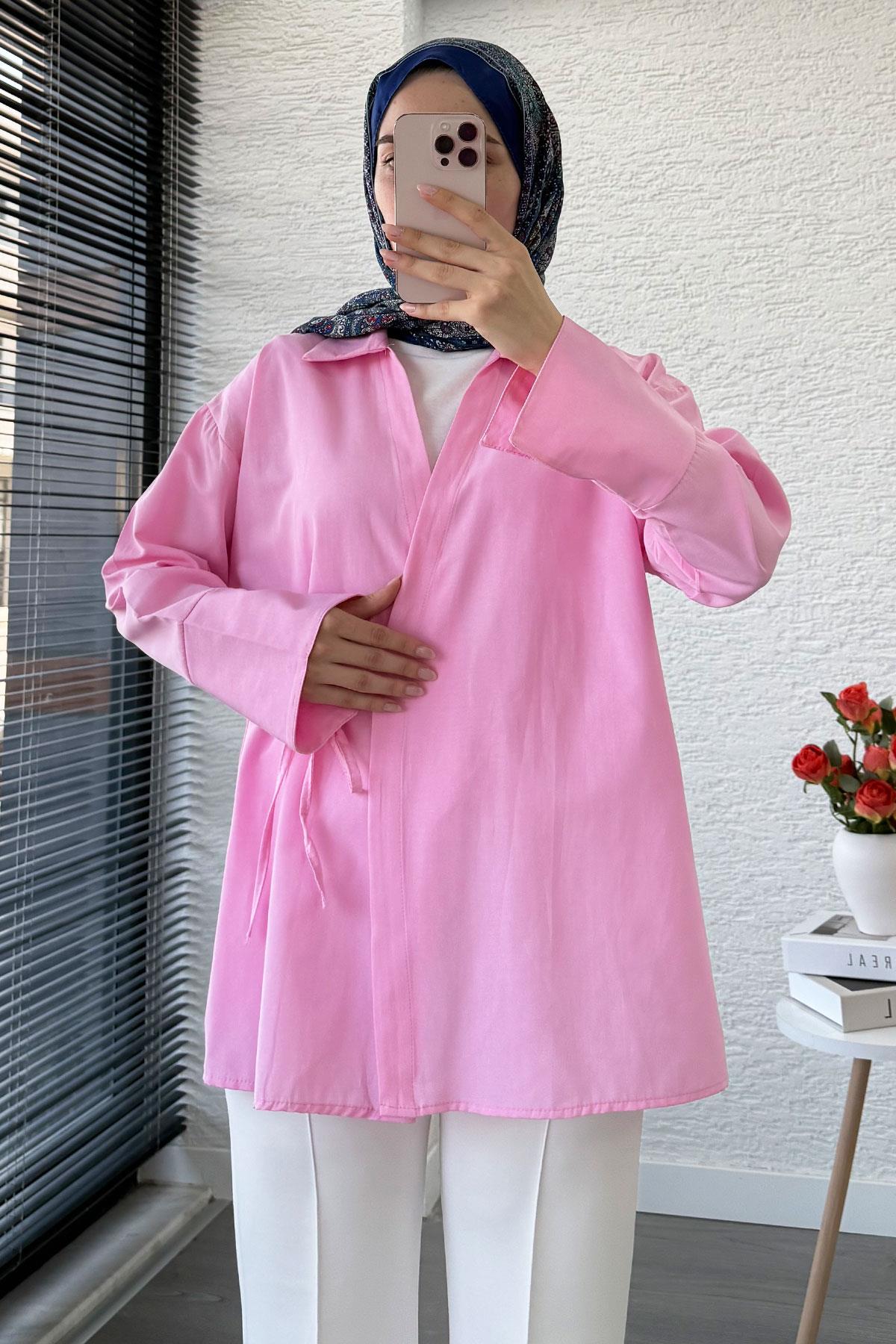 Yandan Bağlamalı Gömlek Yaka Poplin Kimono -Pembe