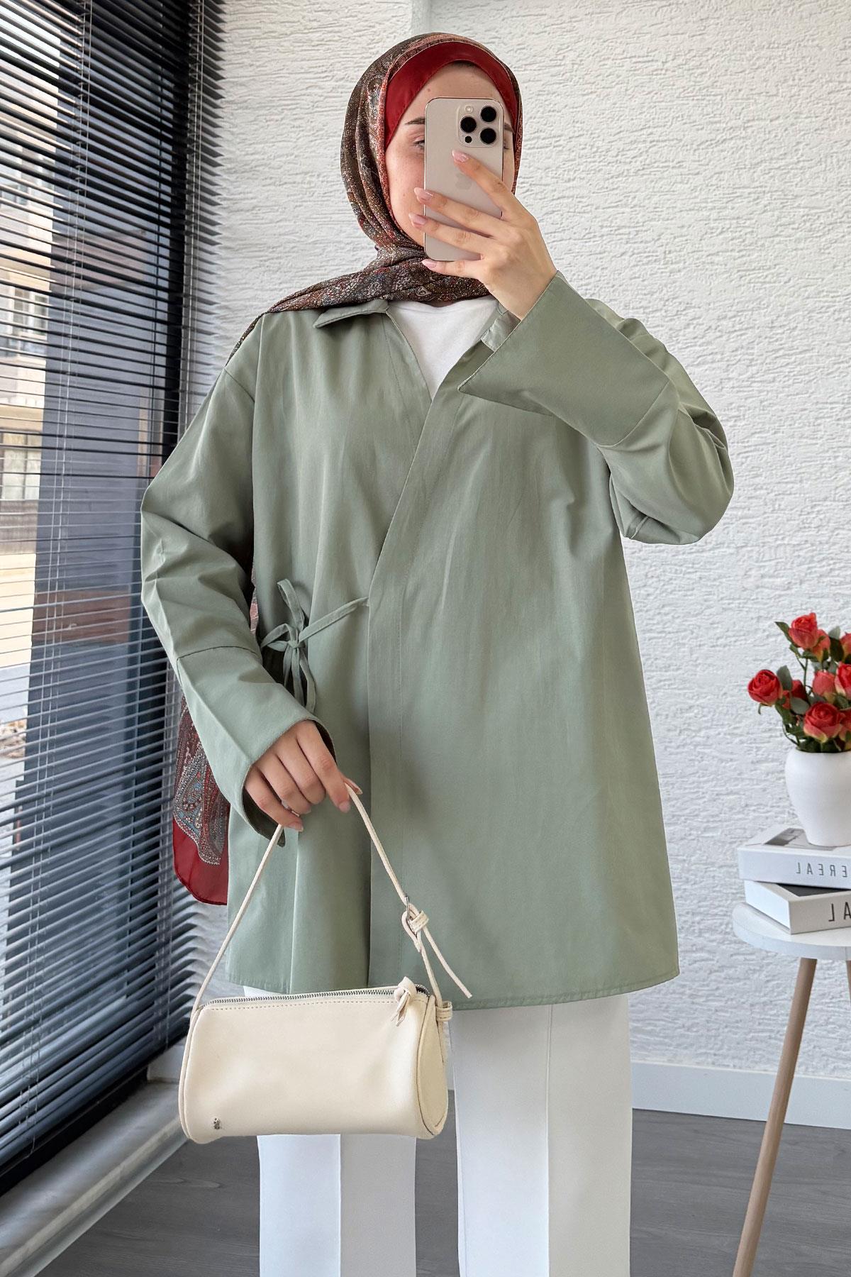 Yandan Bağlamalı Gömlek Yaka Poplin Kimono -Yeşil