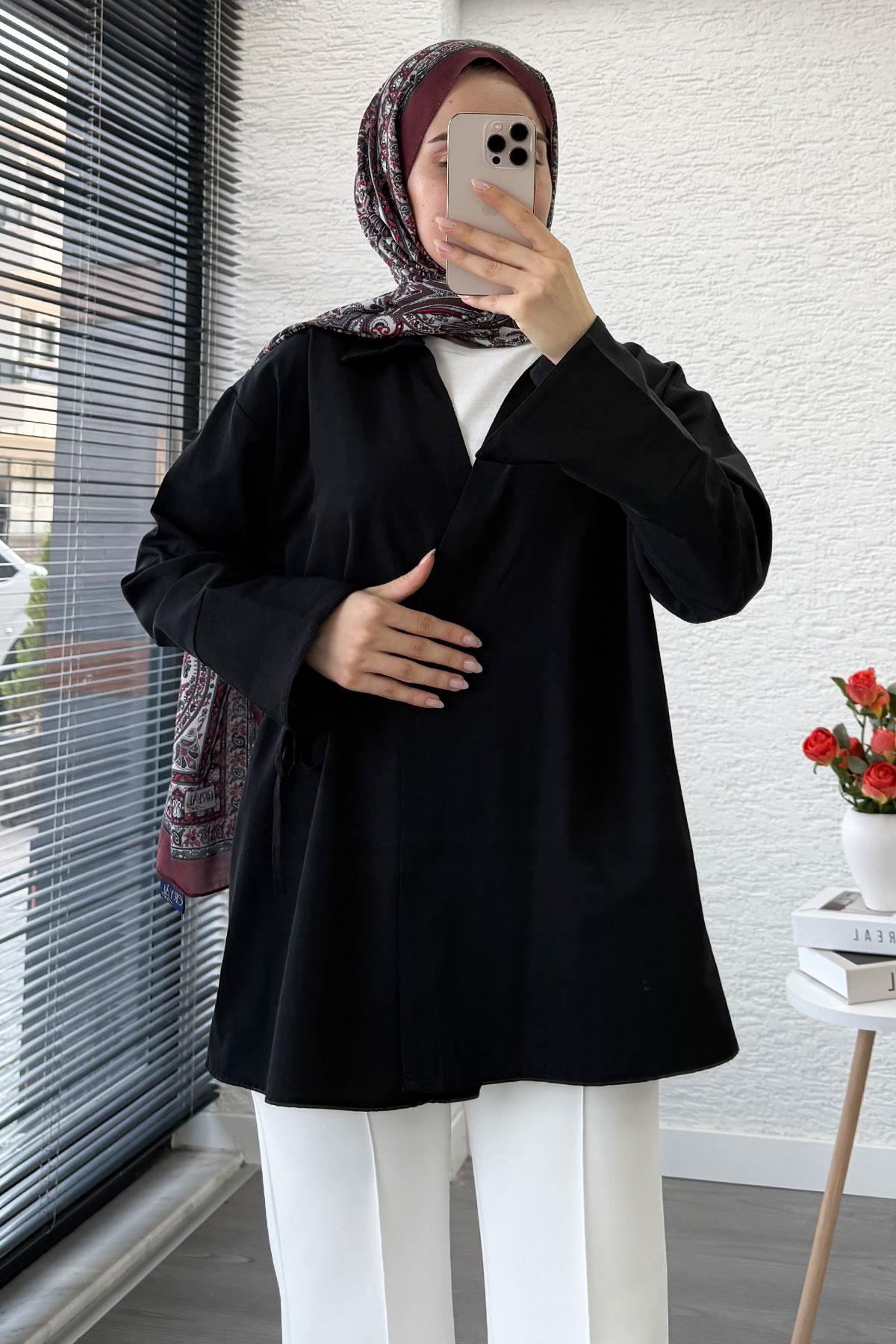 Yandan Bağlamalı Gömlek Yaka Poplin Kimono -Siyah