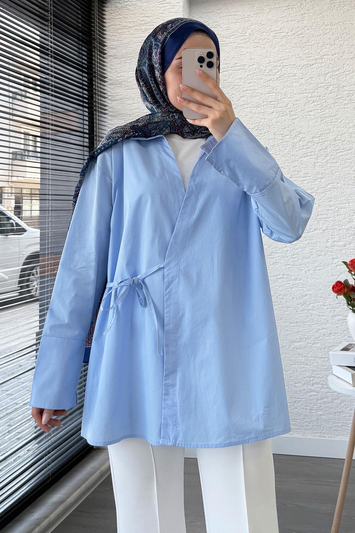 Yandan Bağlamalı Gömlek Yaka Poplin Kimono -Mavi