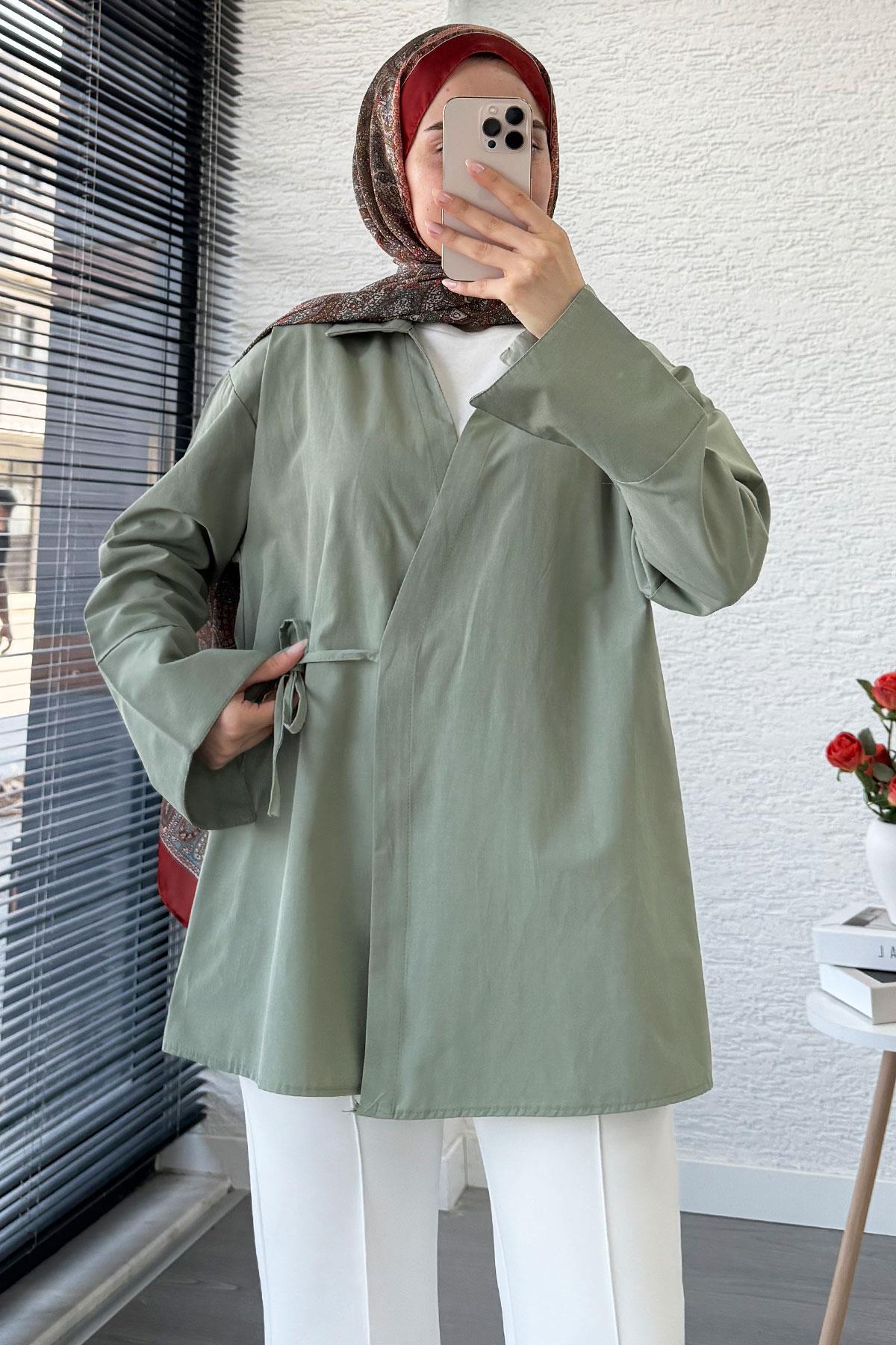 Yandan Bağlamalı Gömlek Yaka Poplin Kimono -Yeşil