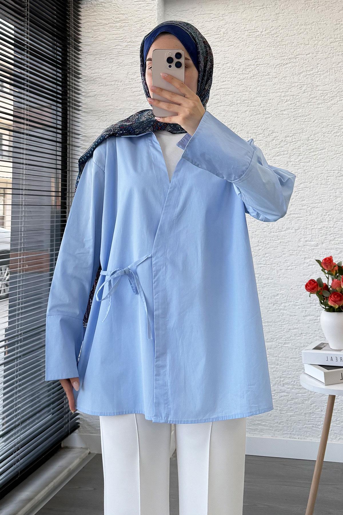 Yandan Bağlamalı Gömlek Yaka Poplin Kimono -Mavi