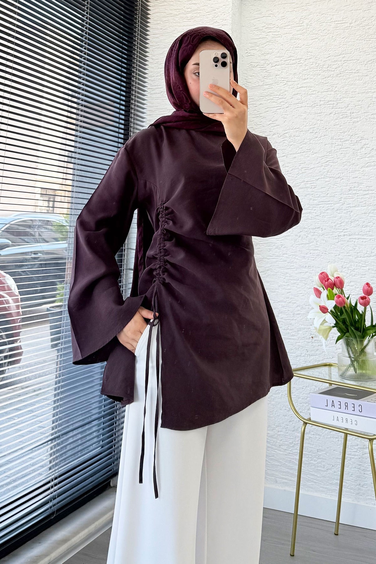 Yandan Büzgü Detaylı Asimetrik Kesim Modal Bluz - Mürdüm