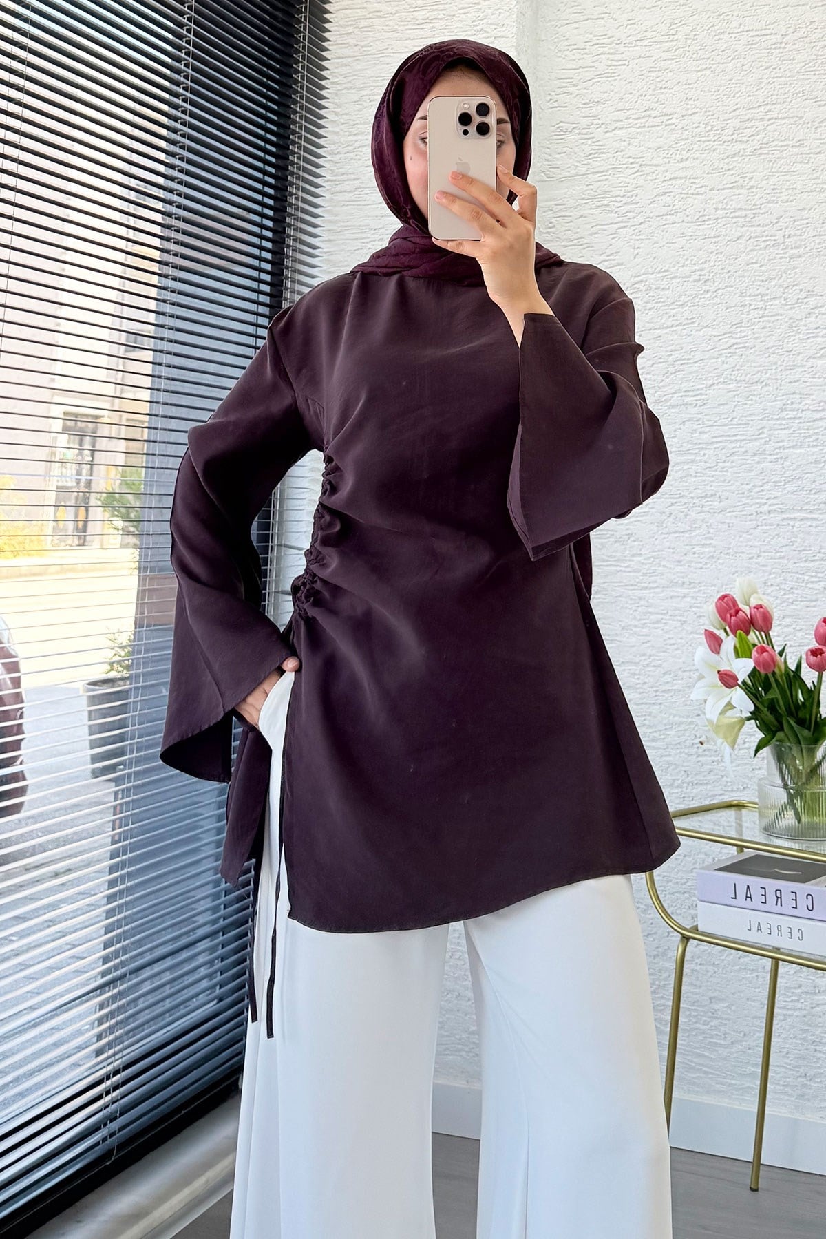 Yandan Büzgü Detaylı Asimetrik Kesim Modal Bluz - Mürdüm