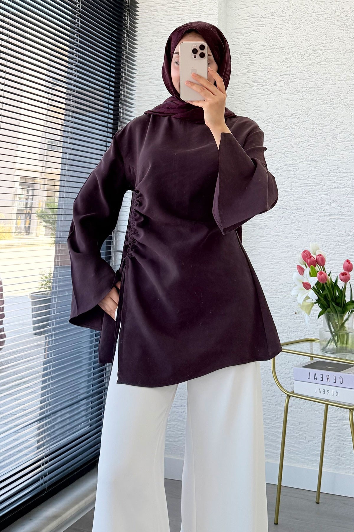 Yandan Büzgü Detaylı Asimetrik Kesim Modal Bluz - Mürdüm