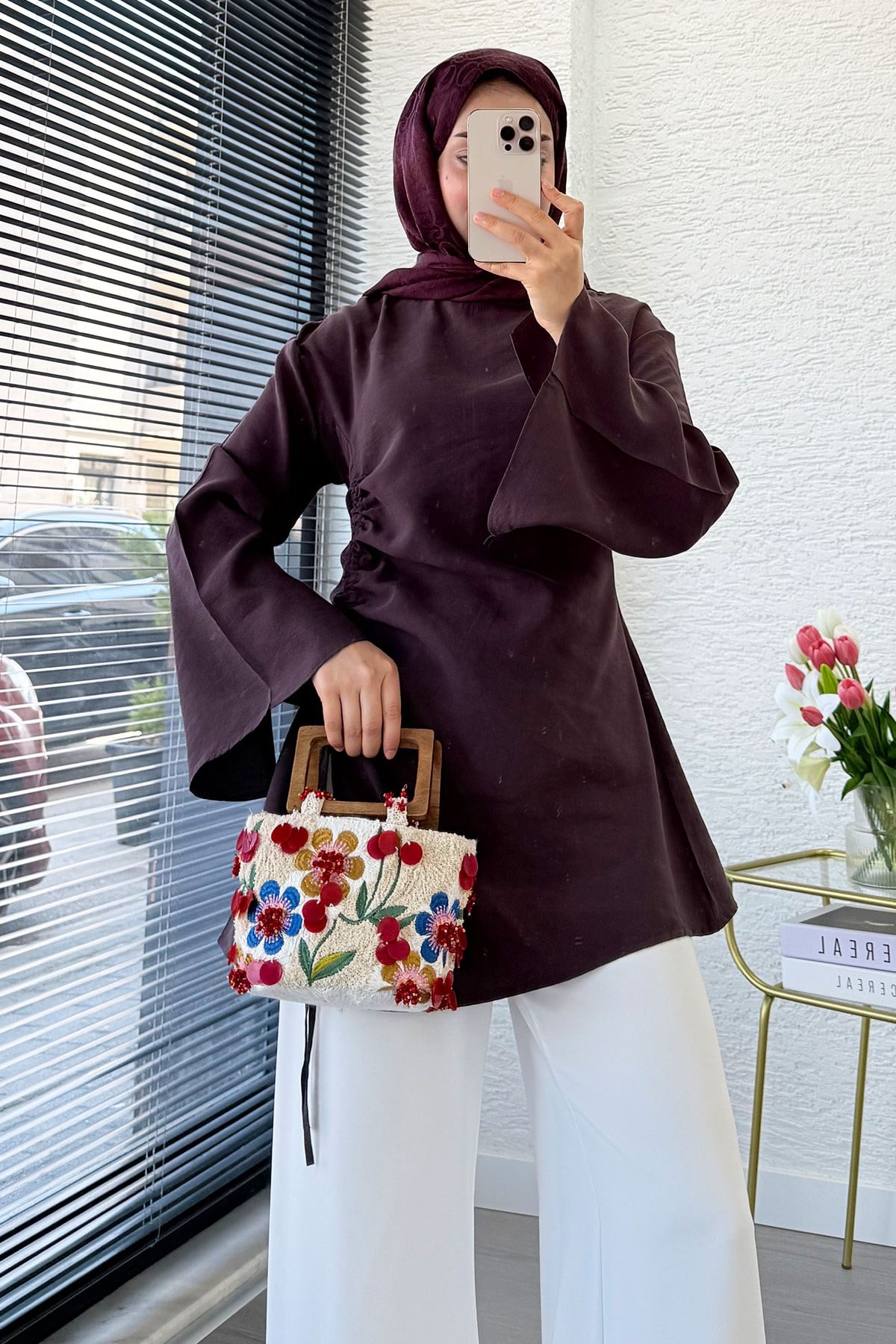 Yandan Büzgü Detaylı Asimetrik Kesim Modal Bluz - Mürdüm