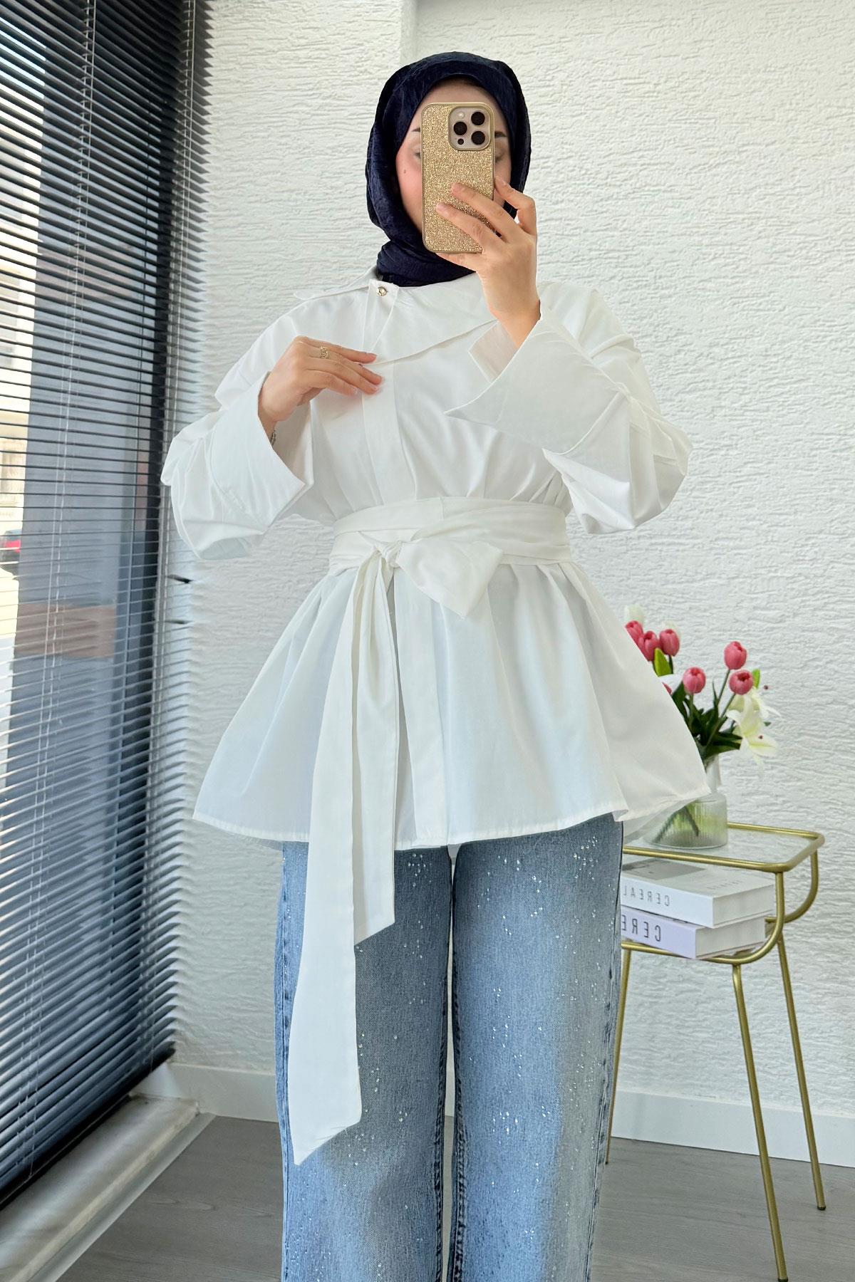 Yandan Düğmeli Geniş Kemerli Poplin Tunik – Beyaz