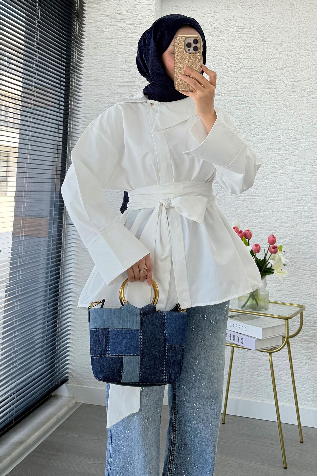 Yandan Düğmeli Geniş Kemerli Poplin Tunik – Beyaz