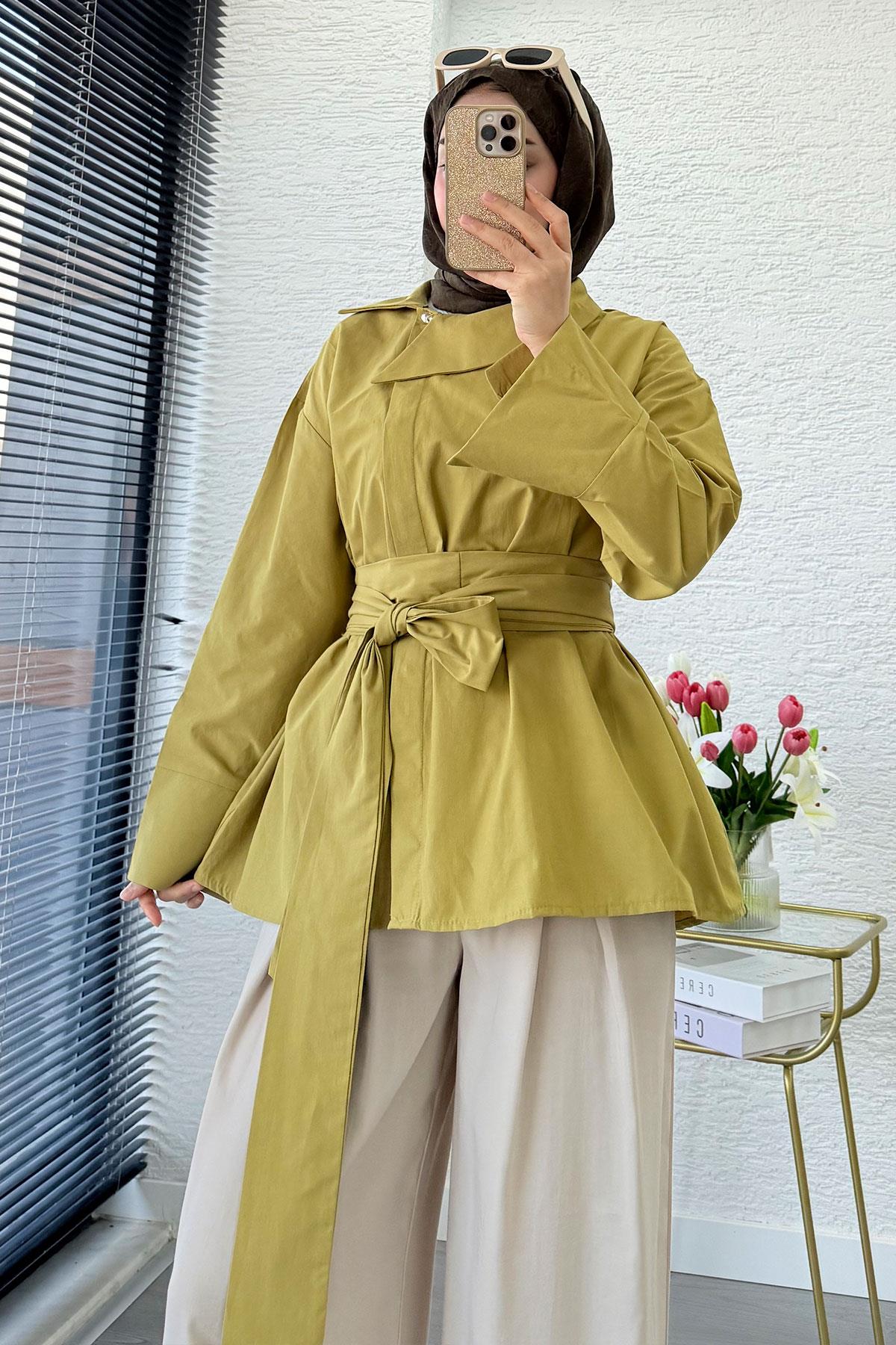 Yandan Düğmeli Geniş Kemerli Poplin Tunik – Yağ Yeşili