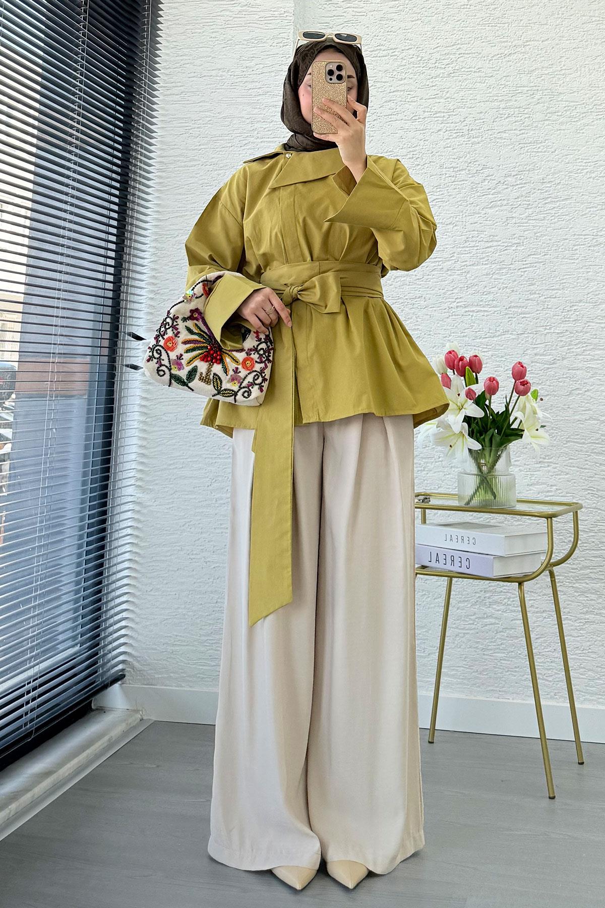 Yandan Düğmeli Geniş Kemerli Poplin Tunik – Yağ Yeşili