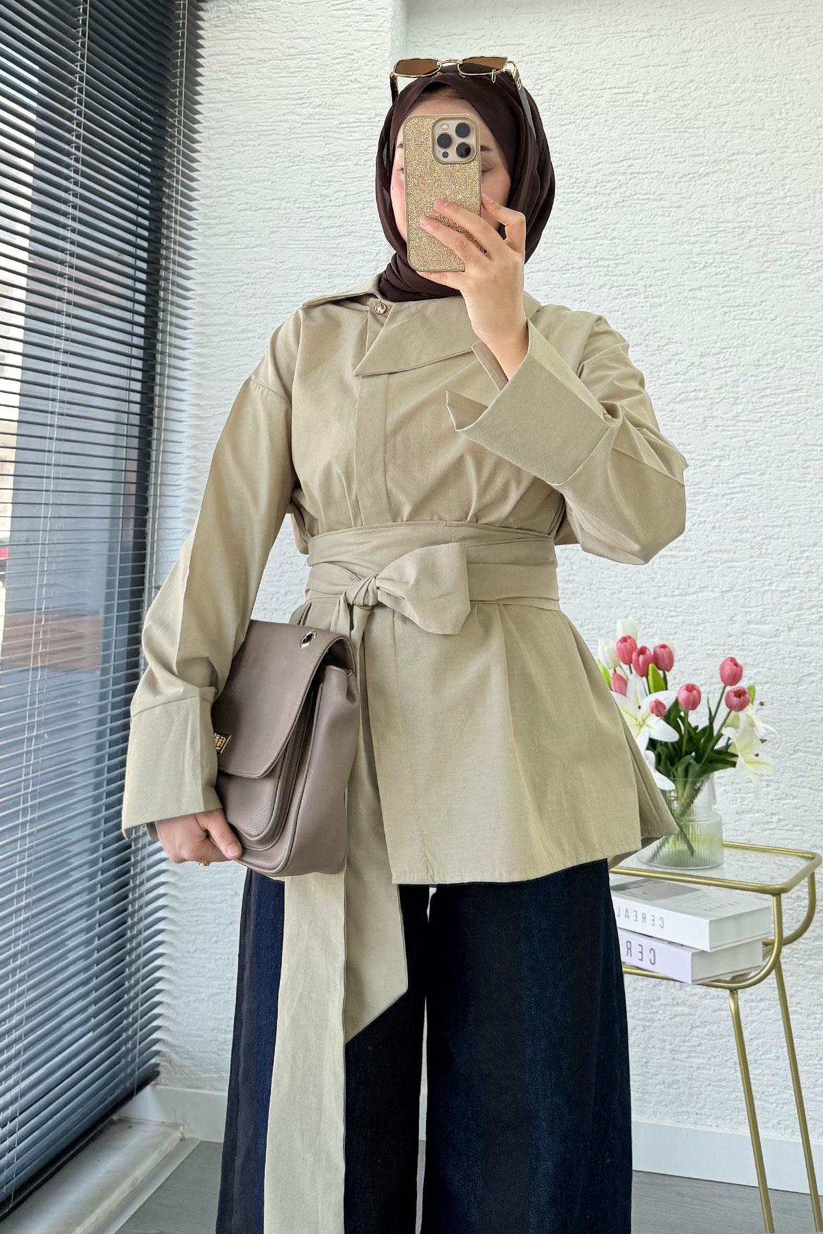 Yandan Düğmeli Geniş Kemerli Poplin Tunik – Çağla Yeşili