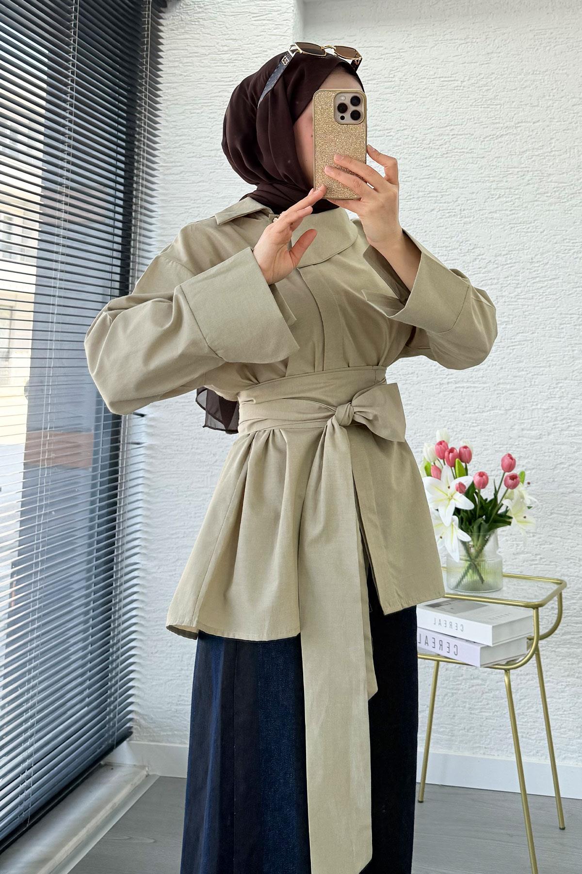 Yandan Düğmeli Geniş Kemerli Poplin Tunik – Çağla Yeşili